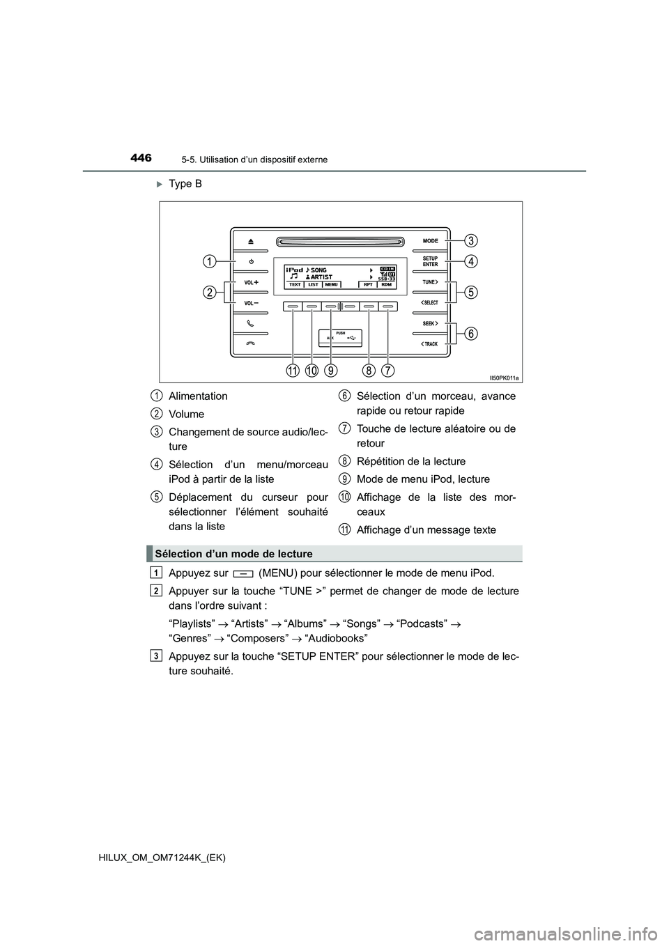 TOYOTA HILUX 2017  Notices Demploi (in French) 4465-5. Utilisation d’un dispositif externe
HILUX_OM_OM71244K_(EK)
Type B
Appuyez sur   (MENU) pour sélectionner le mode de menu iPod.
Appuyer sur la touche “TUNE >” permet de changer de mod