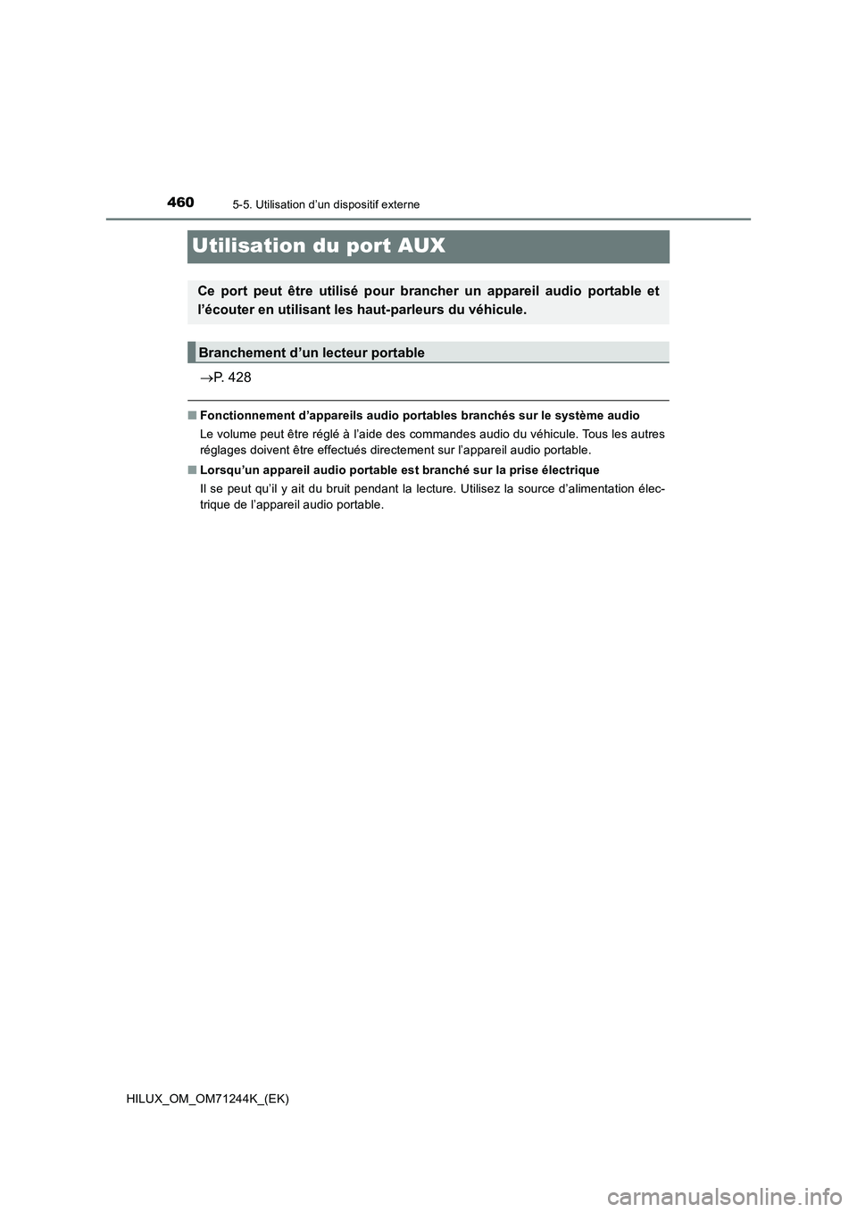 TOYOTA HILUX 2017  Notices Demploi (in French) 4605-5. Utilisation d’un dispositif externe
HILUX_OM_OM71244K_(EK)
Utilisation du port AUX
P. 428
■Fonctionnement d’appareils audio portables branchés sur le système audio
Le volume peut ê
