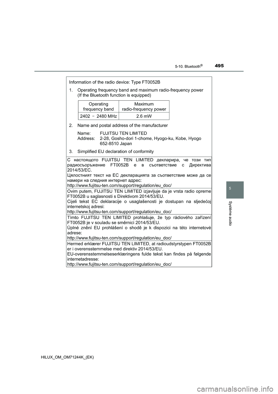 TOYOTA HILUX 2017  Notices Demploi (in French) 4955-10. Bluetooth®
5
Système audio
HILUX_OM_OM71244K_(EK) 