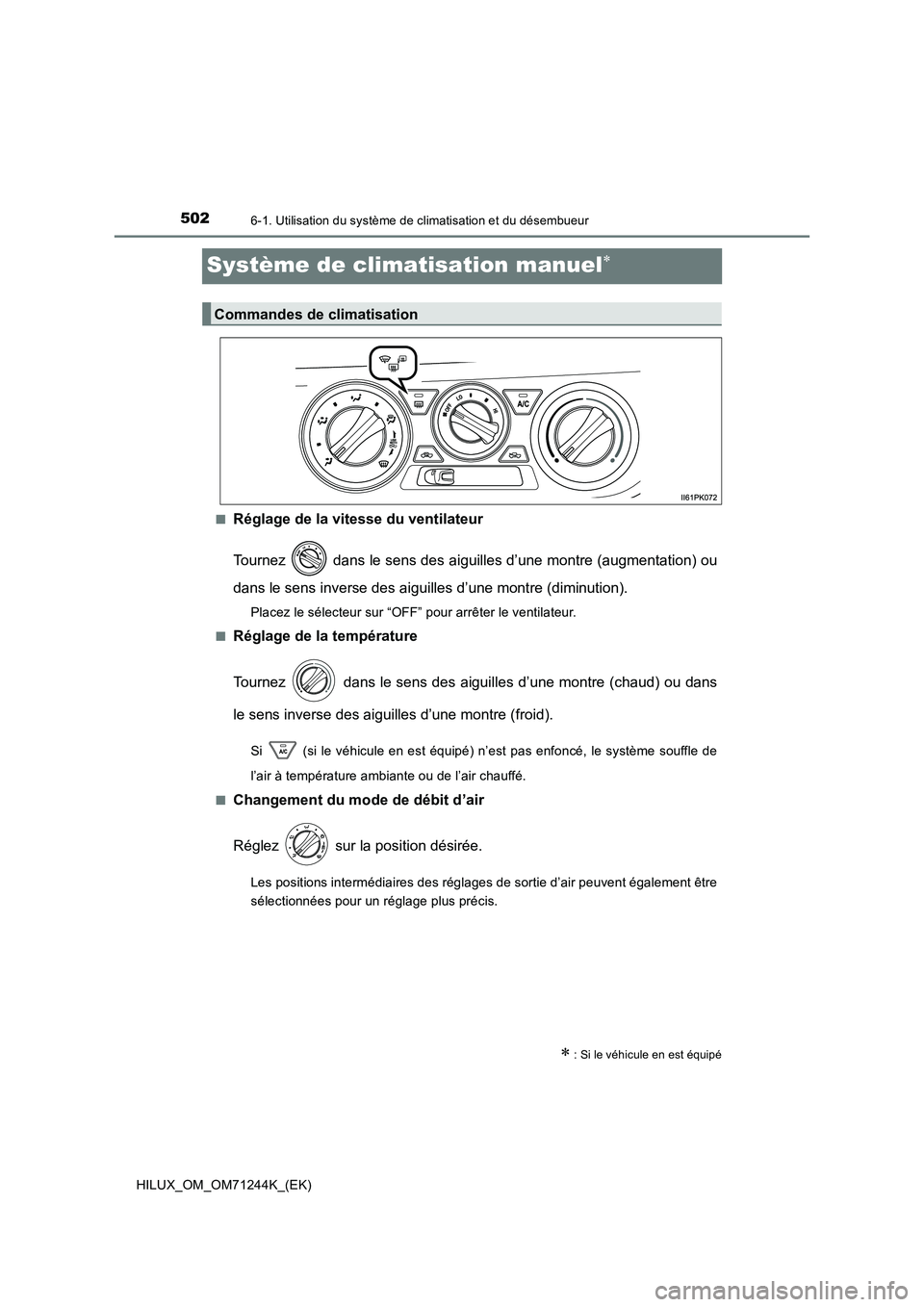 TOYOTA HILUX 2017  Notices Demploi (in French) 5026-1. Utilisation du système de climatisation et du désembueur
HILUX_OM_OM71244K_(EK)
Système de climatisation manuel
■Réglage de la vitesse du ventilateur 
Tournez   dans le sens des aigui