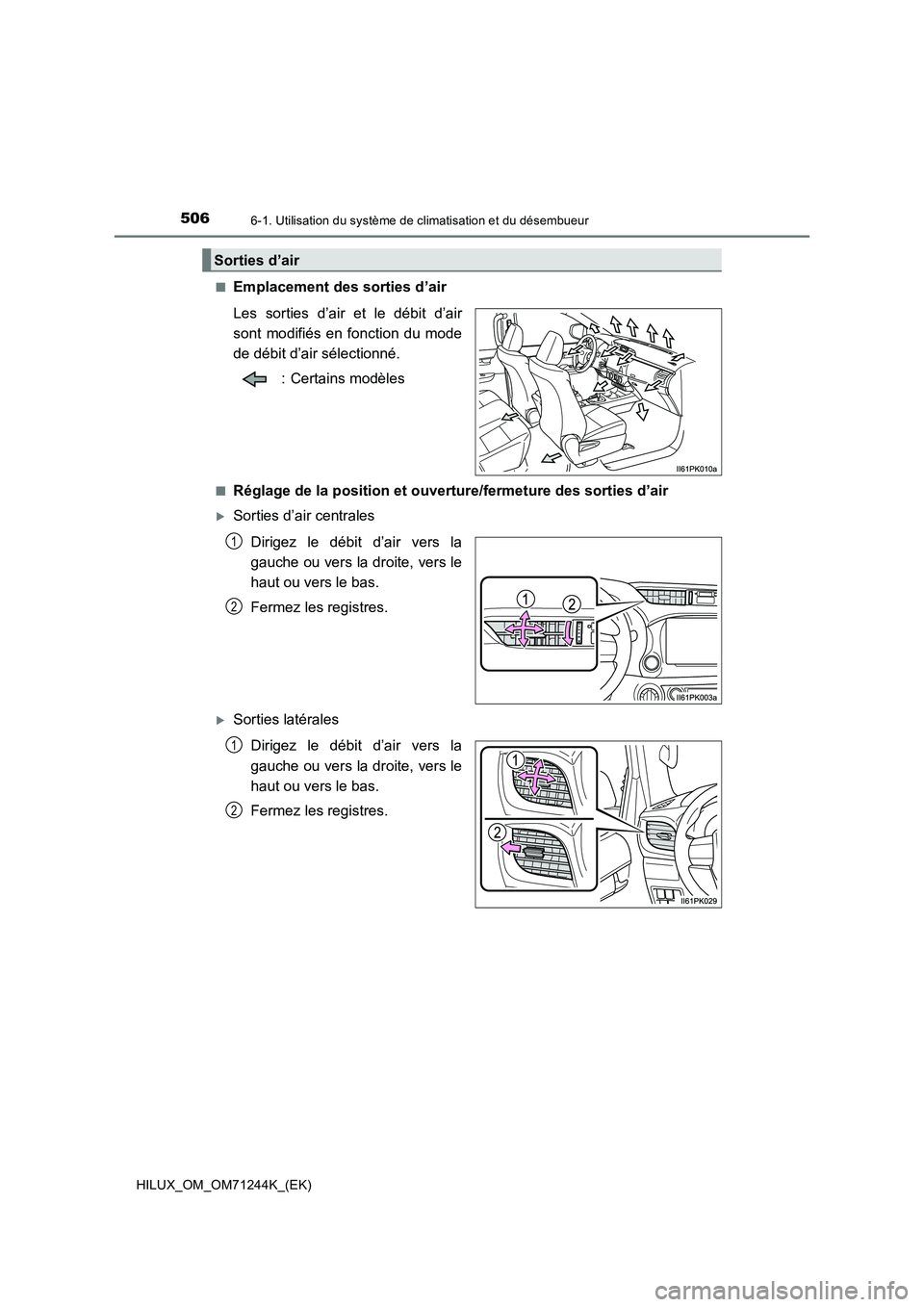 TOYOTA HILUX 2017  Notices Demploi (in French) 5066-1. Utilisation du système de climatisation et du désembueur
HILUX_OM_OM71244K_(EK)■
Emplacement des sorties d’air
Les sorties d’air et le débit d’air
sont modifiés en fonction du mode