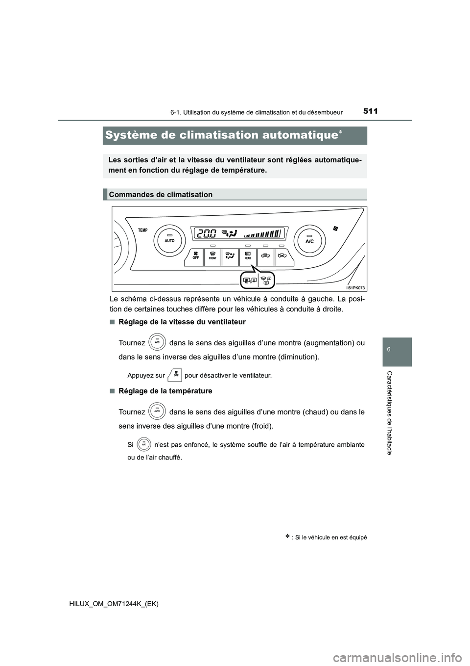 TOYOTA HILUX 2017  Notices Demploi (in French) 5116-1. Utilisation du système de climatisation et du désembueur
HILUX_OM_OM71244K_(EK)
6
Caractéristiques de l’habitacle
Système de climatisation automatique
Le schéma ci-dessus représente