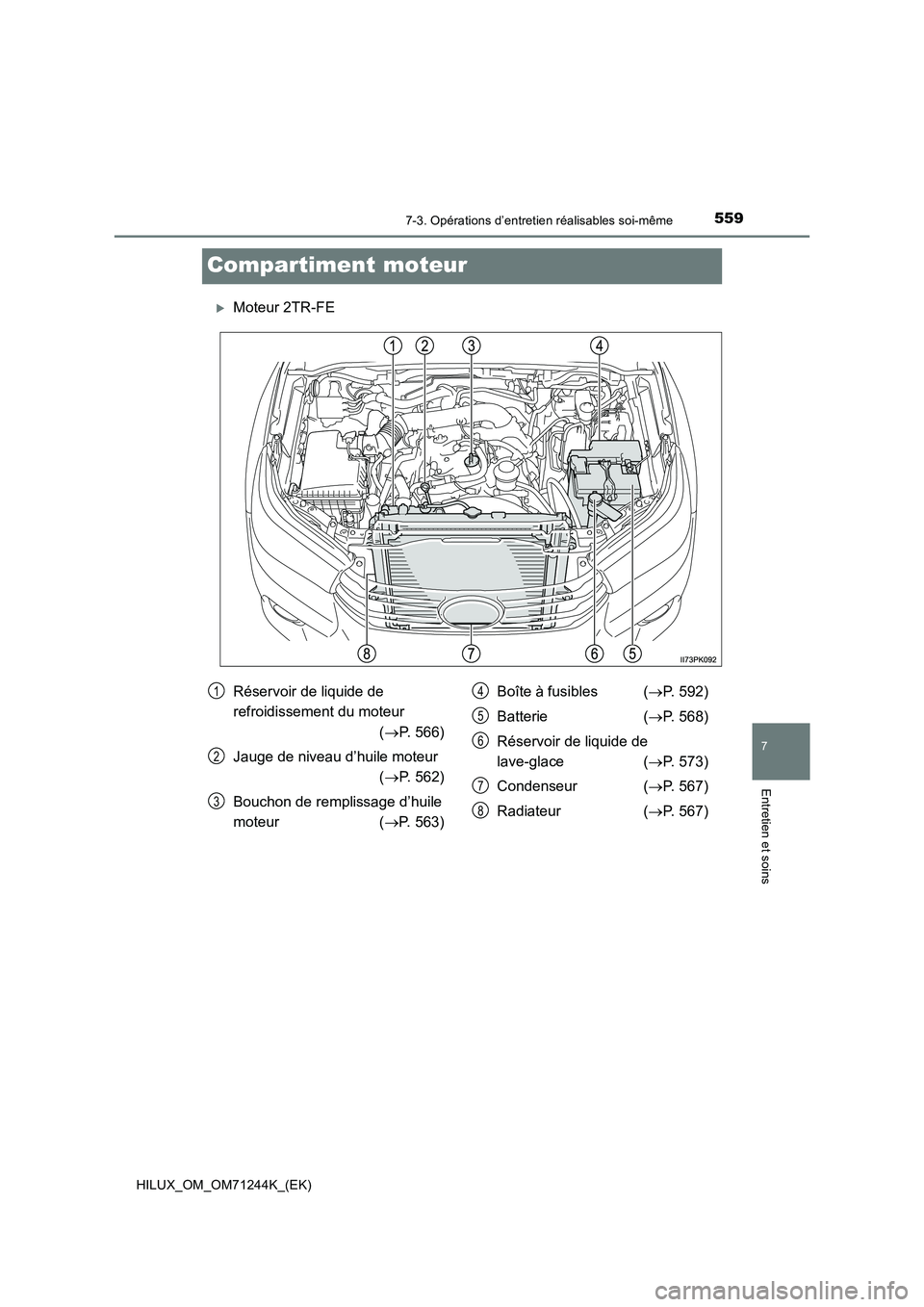 TOYOTA HILUX 2017  Notices Demploi (in French) 5597-3. Opérations d’entretien réalisables soi-même
HILUX_OM_OM71244K_(EK)
7
Entretien et soins
Compartiment moteur
Moteur 2TR-FE
Réservoir de liquide de  
refroidissement du moteur  
( P.
