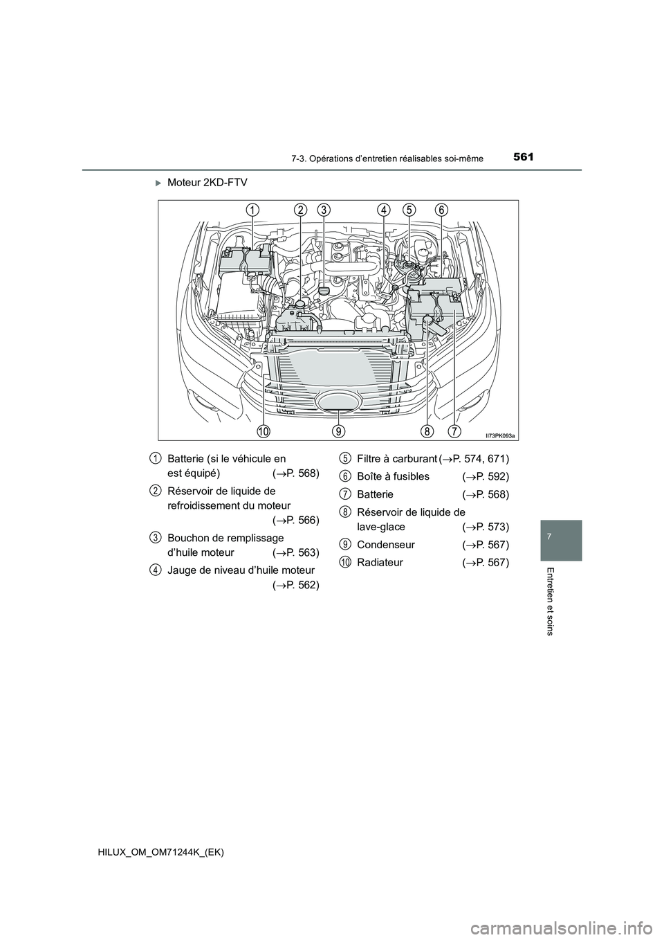 TOYOTA HILUX 2017  Notices Demploi (in French) 5617-3. Opérations d’entretien réalisables soi-même
HILUX_OM_OM71244K_(EK)
7
Entretien et soins
Moteur 2KD-FTV
Batterie (si le véhicule en  
est équipé)   ( P. 568) 
Réservoir de liquid