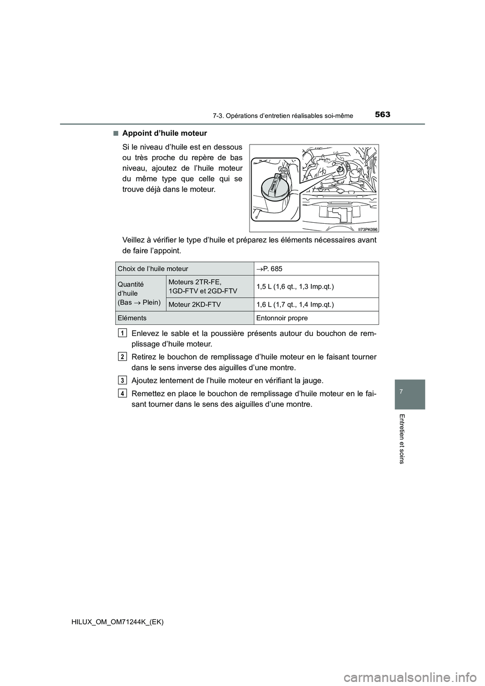 TOYOTA HILUX 2017  Notices Demploi (in French) 5637-3. Opérations d’entretien réalisables soi-même
HILUX_OM_OM71244K_(EK)
7
Entretien et soins
■Appoint d’huile moteur
Si le niveau d’huile est en dessous
ou très proche du repère de bas