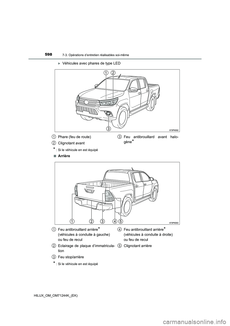 TOYOTA HILUX 2017  Notices Demploi (in French) 5987-3. Opérations d’entretien réalisables soi-même
HILUX_OM_OM71244K_(EK)
Véhicules avec phares de type LED
*: Si le véhicule en est équipé
■
Arrière
* : Si le véhicule en est équip