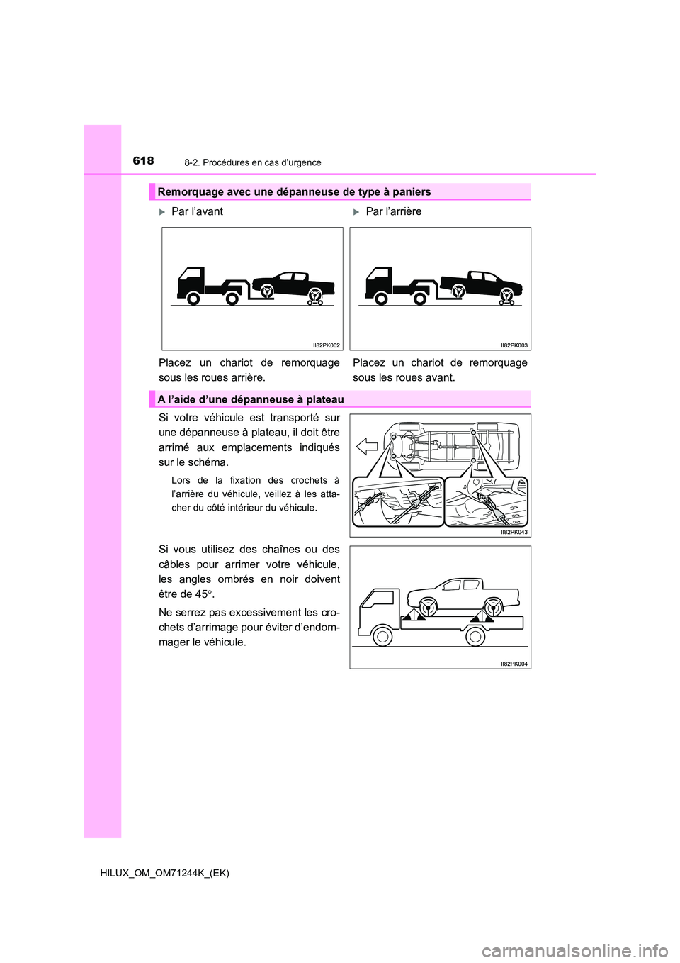 TOYOTA HILUX 2017  Notices Demploi (in French) 6188-2. Procédures en cas d’urgence
HILUX_OM_OM71244K_(EK)
Si votre véhicule est transporté sur 
une dépanneuse à plateau, il doit être 
arrimé aux emplacements indiqués 
sur le schéma. 
Lo