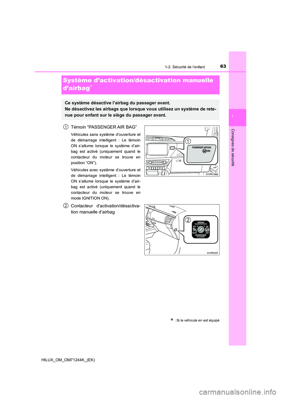 TOYOTA HILUX 2017  Notices Demploi (in French) 631-2. Sécurité de l’enfant
1
HILUX_OM_OM71244K_(EK)
Consignes de sécurité
Système d’activation/désactivation manuelle  
d’airbag
Témoin “PASSENGER AIR BAG”
Véhicules sans systèm