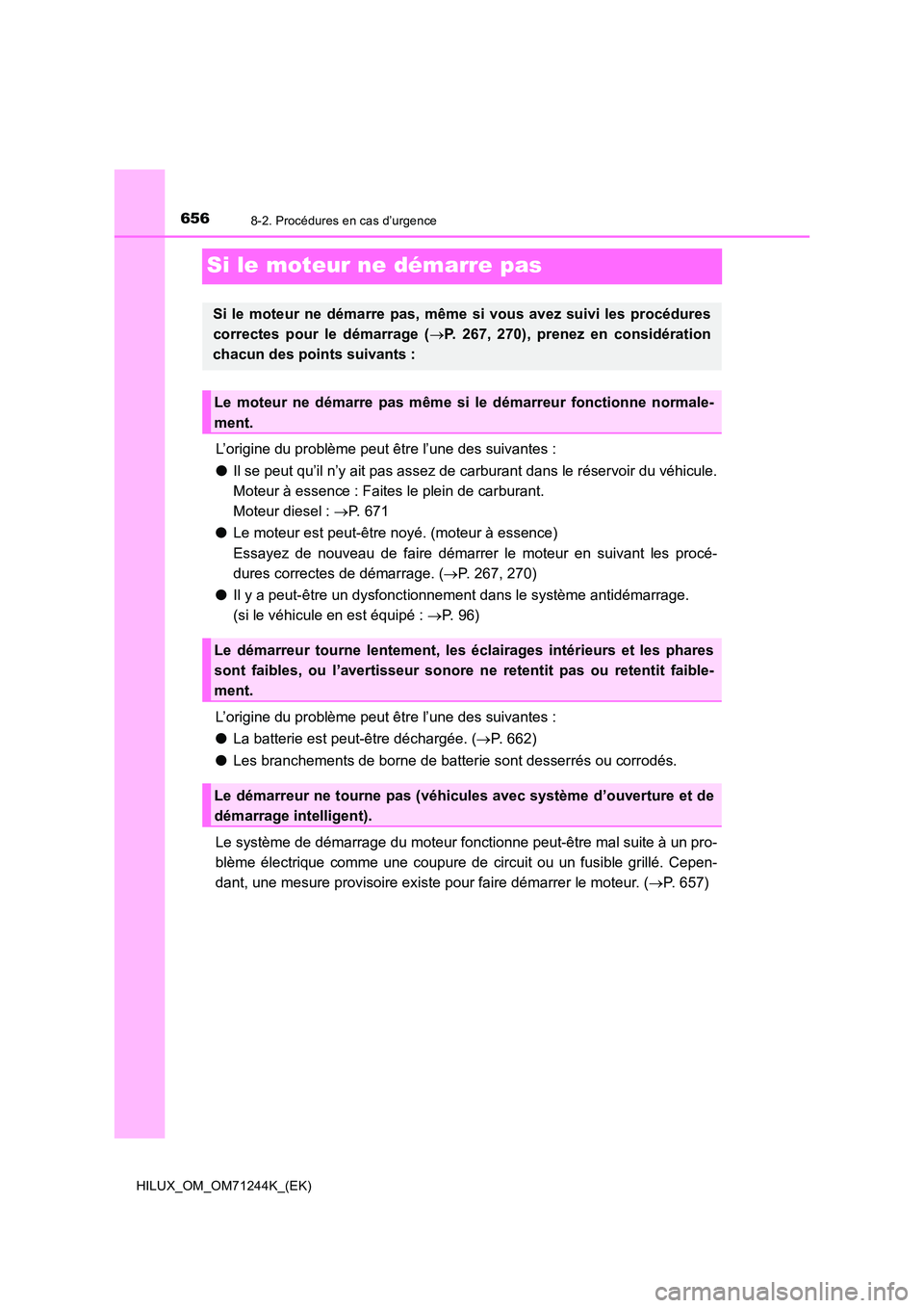 TOYOTA HILUX 2017 Notices Demploi (in French) 6568-2. Procédures en cas d’urgence
HILUX_OM_OM71244K_(EK)
Si le moteur ne démarre pas
L’origine du problème peut être l’une des suivantes :
● Il se peut qu’il n’y ait pas assez de ca TOYOTA HILUX 2017 Notices Demploi (in French) 6568-2. Procédures en cas d’urgence
HILUX_OM_OM71244K_(EK)
Si le moteur ne démarre pas
L’origine du problème peut être l’une des suivantes :
● Il se peut qu’il n’y ait pas assez de ca