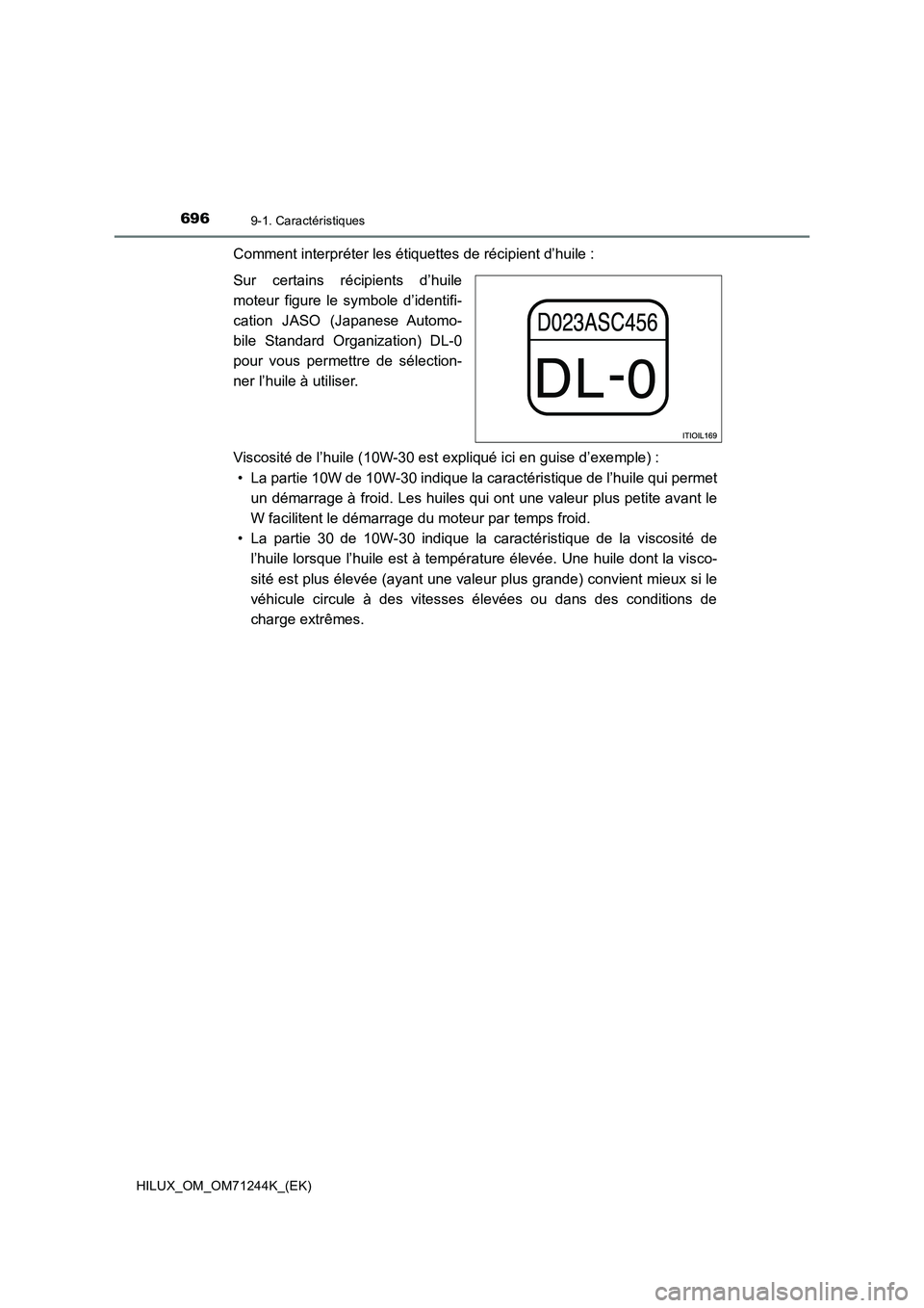 TOYOTA HILUX 2017  Notices Demploi (in French) 6969-1. Caractéristiques
HILUX_OM_OM71244K_(EK)
Comment interpréter les étiquettes de récipient d’huile :
Sur certains récipients d’huile
moteur figure le symbole d’identifi-
cation JASO (J