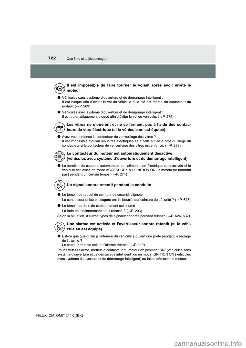 TOYOTA HILUX 2017 Notices Demploi (in French) 722Que faire si… (dépannage)
HILUX_OM_OM71244K_(EK)
●Véhicules sans système d’ouverture et de démarrage intelligent :
Il est bloqué afin d’éviter le vol du véhicule si la clé est ret TOYOTA HILUX 2017 Notices Demploi (in French) 722Que faire si… (dépannage)
HILUX_OM_OM71244K_(EK)
●Véhicules sans système d’ouverture et de démarrage intelligent :
Il est bloqué afin d’éviter le vol du véhicule si la clé est ret