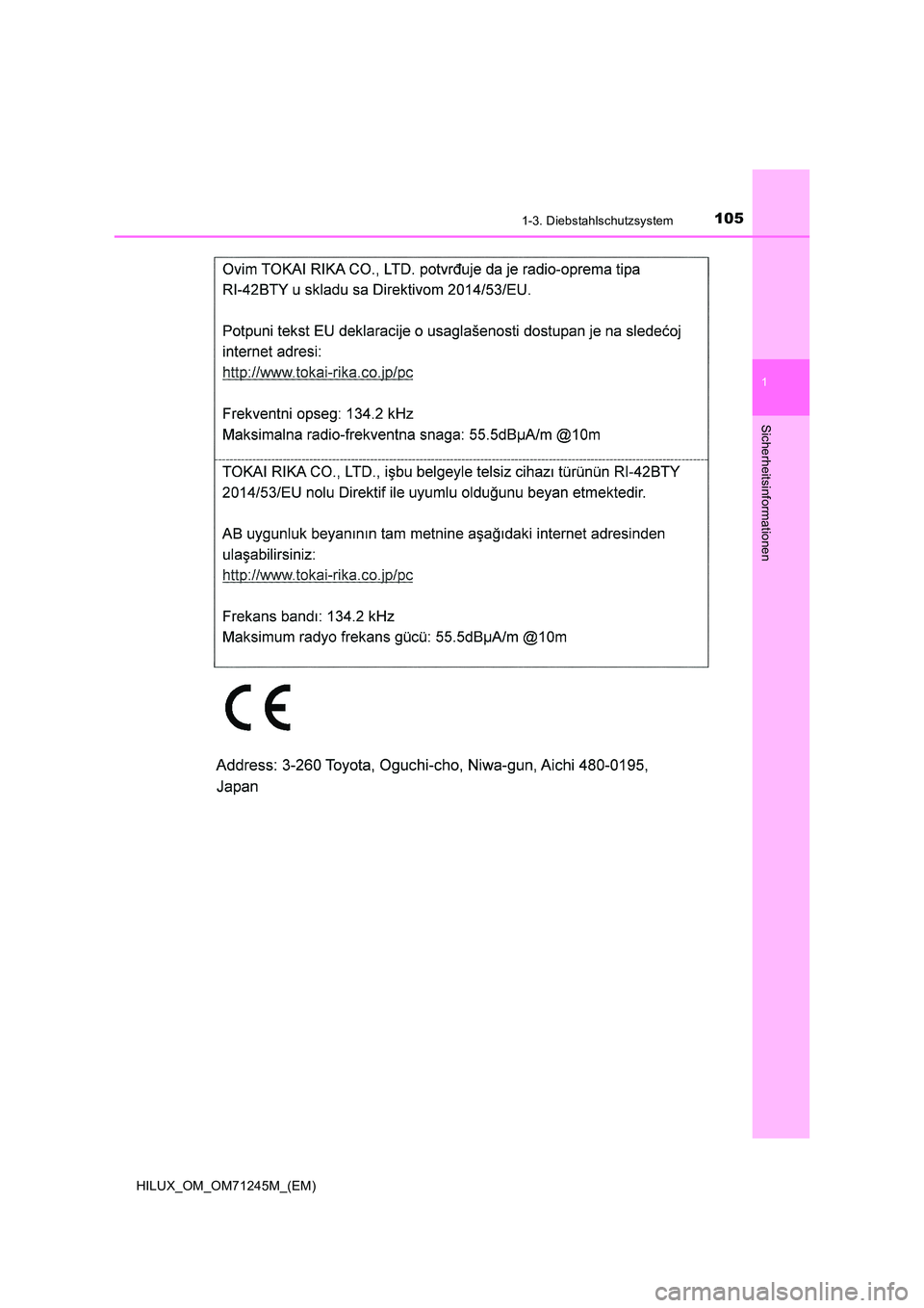 TOYOTA HILUX 2017  Betriebsanleitungen (in German) 1051-3. Diebstahlschutzsystem
1
HILUX_OM_OM71245M_(EM)
Sicherheitsinformationen 