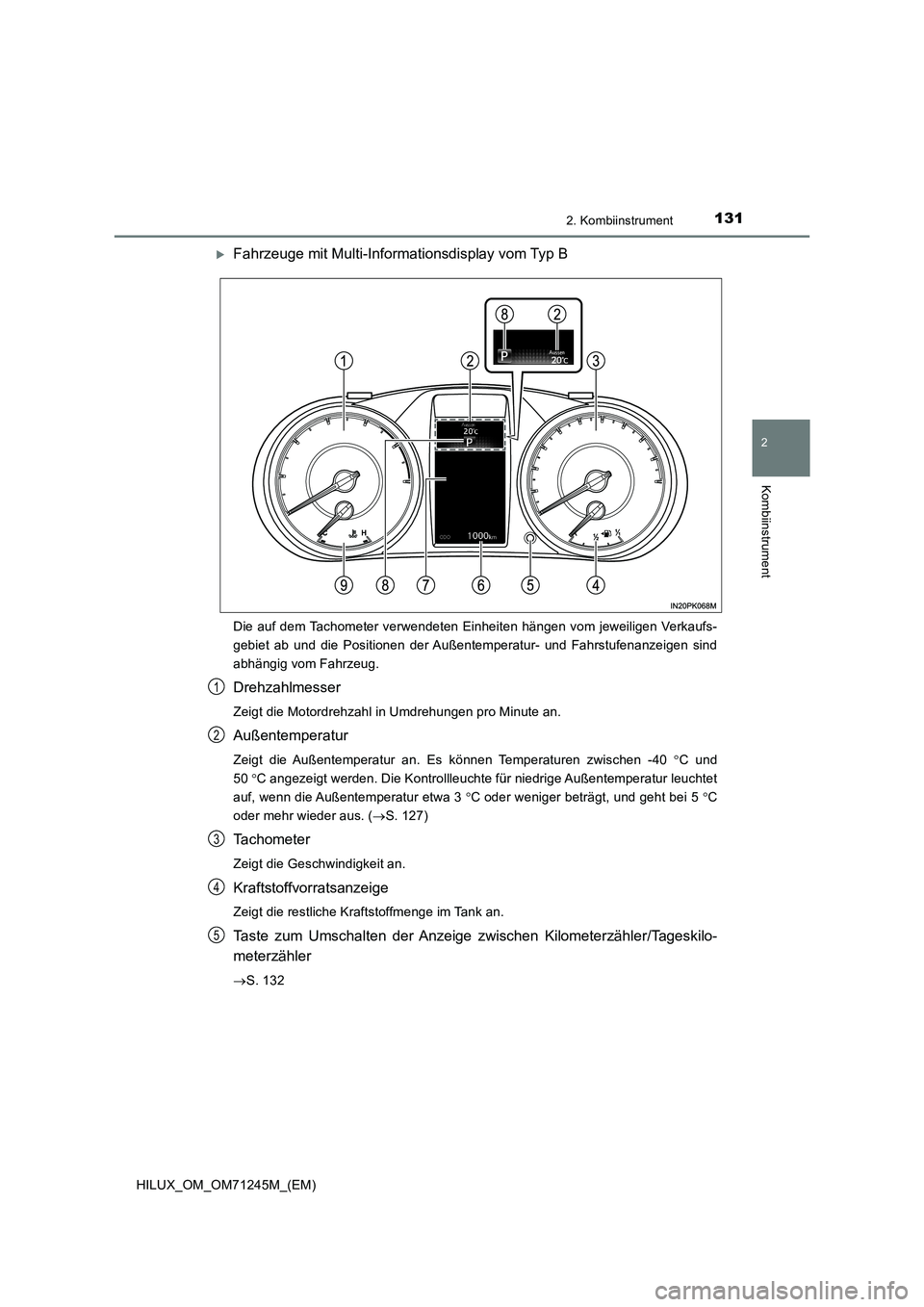 TOYOTA HILUX 2017  Betriebsanleitungen (in German) 1312. Kombiinstrument
2
Kombiinstrument
HILUX_OM_OM71245M_(EM)
Fahrzeuge mit Multi-Informationsdisplay vom Typ B
Die auf dem Tachometer verwendeten Einheiten hängen vom jeweiligen Verkaufs-
gebiet