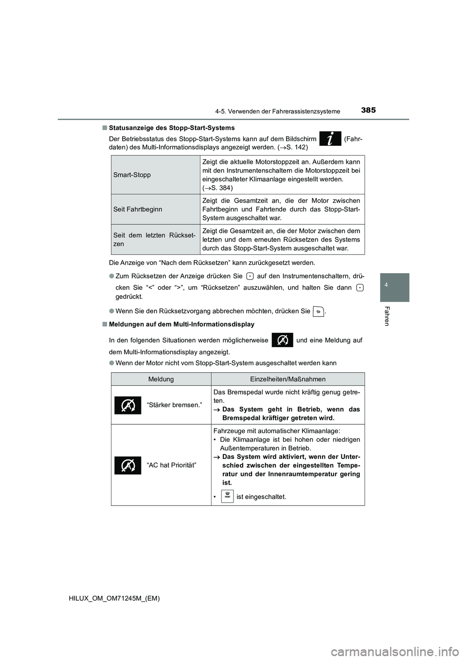 TOYOTA HILUX 2017 Betriebsanleitungen (in German) 3854-5. Verwenden der Fahrerassistenzsysteme
4
Fahren
HILUX_OM_OM71245M_(EM)
■ Statusanzeige des Stopp-Start-Systems
Der Betriebsstatus des Stopp-Start-Systems kann auf dem Bildschirm (Fahr-
da TOYOTA HILUX 2017 Betriebsanleitungen (in German) 3854-5. Verwenden der Fahrerassistenzsysteme
4
Fahren
HILUX_OM_OM71245M_(EM)
■ Statusanzeige des Stopp-Start-Systems
Der Betriebsstatus des Stopp-Start-Systems kann auf dem Bildschirm (Fahr-
da