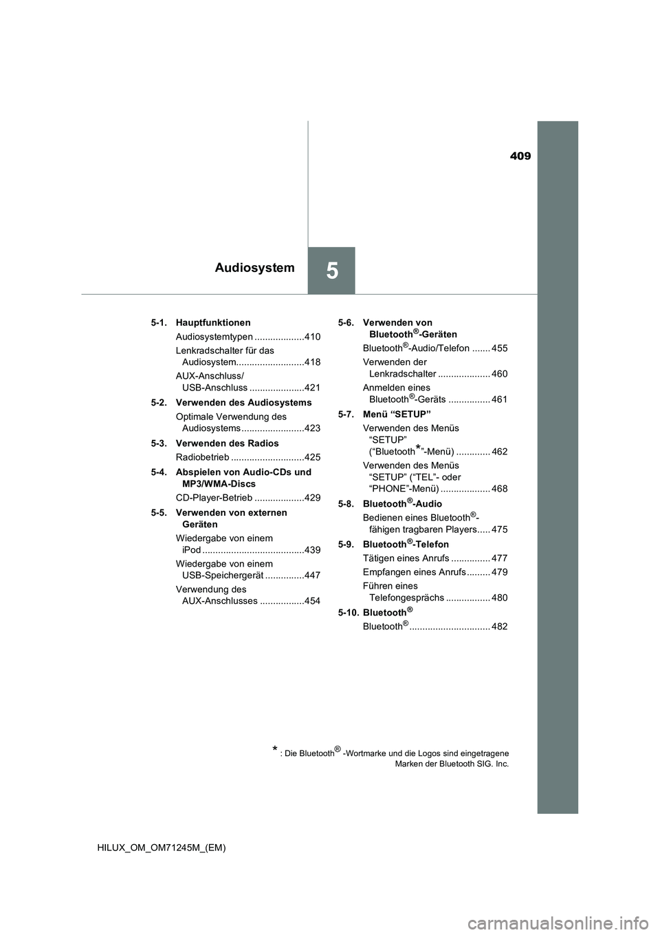 TOYOTA HILUX 2017 Betriebsanleitungen (in German) 409
5Audiosystem
HILUX_OM_OM71245M_(EM)5-1. Hauptfunktionen
Audiosystemtypen ...................410
Lenkradschalter für das
Audiosystem..........................418
AUX-Anschluss/
USB-Anschluss .... TOYOTA HILUX 2017 Betriebsanleitungen (in German) 409
5Audiosystem
HILUX_OM_OM71245M_(EM)5-1. Hauptfunktionen
Audiosystemtypen ...................410
Lenkradschalter für das
Audiosystem..........................418
AUX-Anschluss/
USB-Anschluss ....