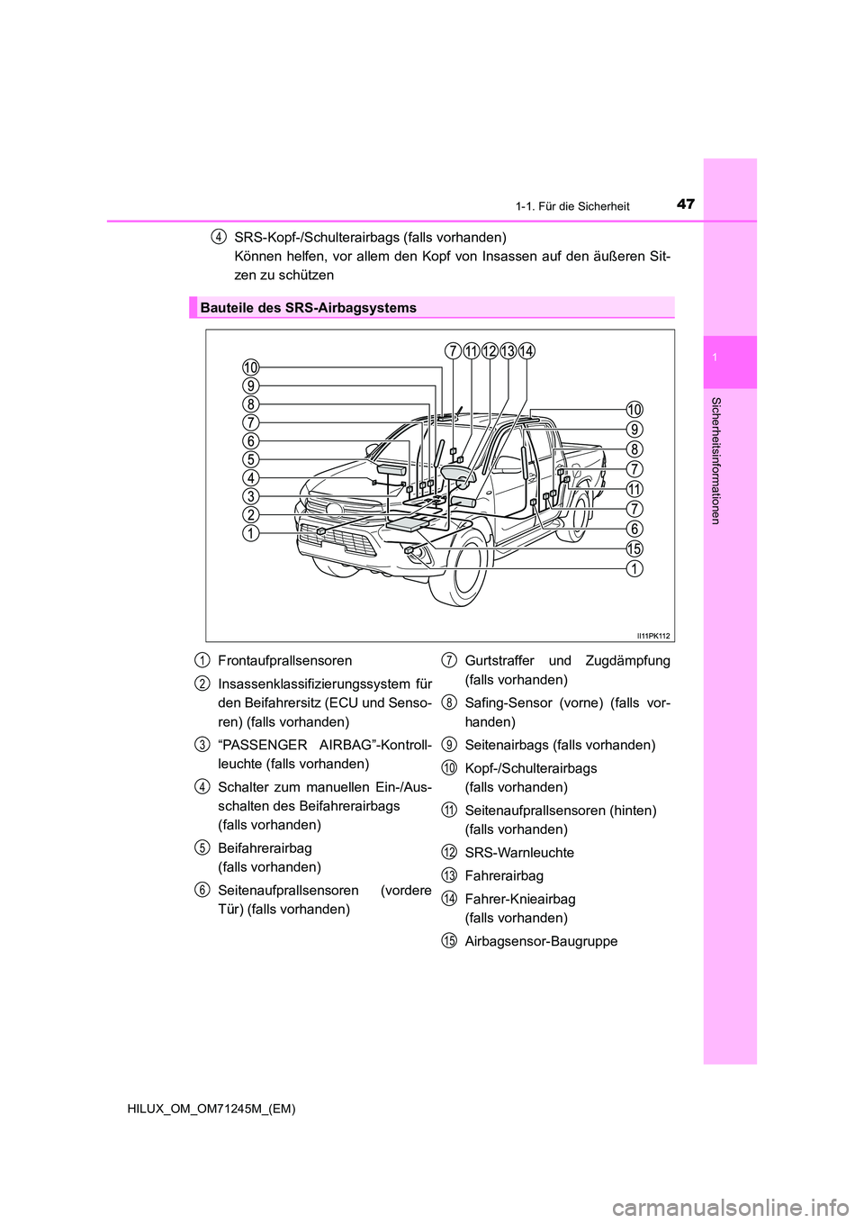 TOYOTA HILUX 2017  Betriebsanleitungen (in German) 471-1. Für die Sicherheit
1
HILUX_OM_OM71245M_(EM)
Sicherheitsinformationen
SRS-Kopf-/Schulterairbags (falls vorhanden)  
Können helfen, vor allem den Kopf von Insassen auf den äußeren Sit- 
zen z