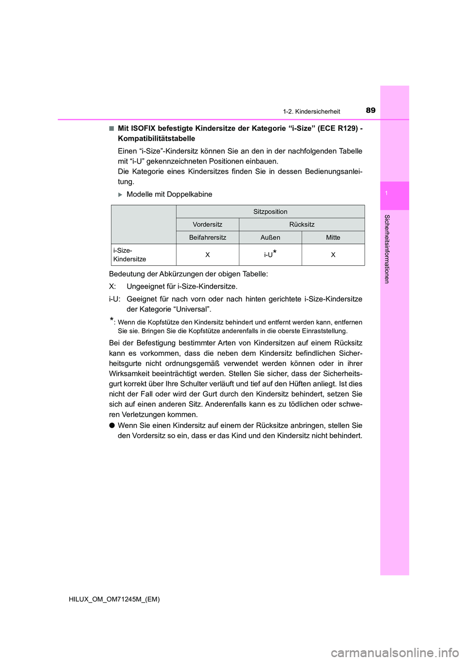 TOYOTA HILUX 2017 Betriebsanleitungen (in German) 891-2. Kindersicherheit
1
HILUX_OM_OM71245M_(EM)
Sicherheitsinformationen
■Mit ISOFIX befestigte Kindersitze der Kategorie “i-Size” (ECE R129) -
Kompatibilitätstabelle
Einen “i-Size”-Kind TOYOTA HILUX 2017 Betriebsanleitungen (in German) 891-2. Kindersicherheit
1
HILUX_OM_OM71245M_(EM)
Sicherheitsinformationen
■Mit ISOFIX befestigte Kindersitze der Kategorie “i-Size” (ECE R129) -
Kompatibilitätstabelle
Einen “i-Size”-Kind