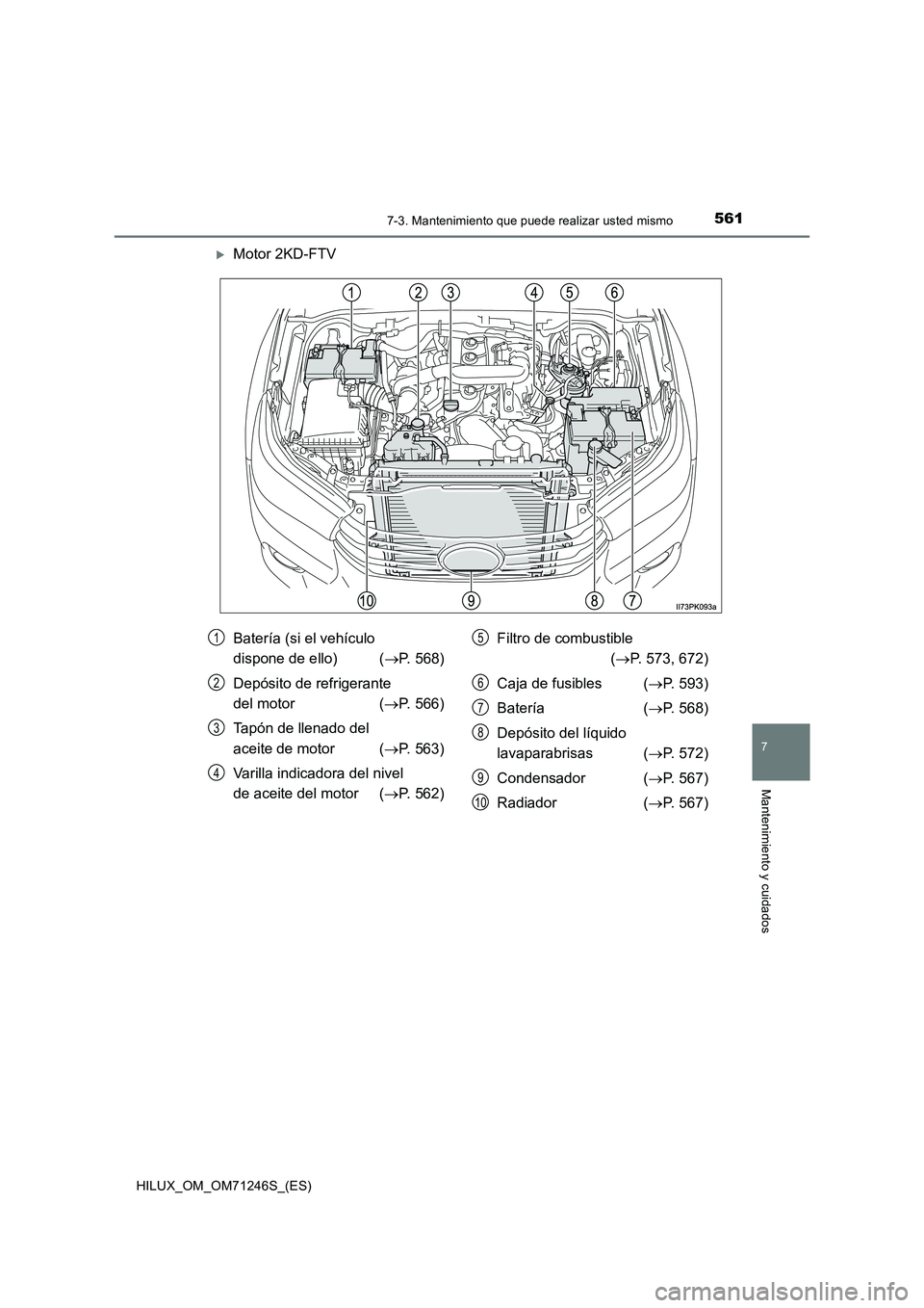 TOYOTA HILUX 2017  Manuale de Empleo (in Spanish) 5617-3. Mantenimiento que puede realizar usted mismo
HILUX_OM_OM71246S_(ES)
7
Mantenimiento y cuidados
Motor 2KD-FTV
Batería (si el vehículo  
dispone de ello)  ( P. 568) 
Depósito de refrige