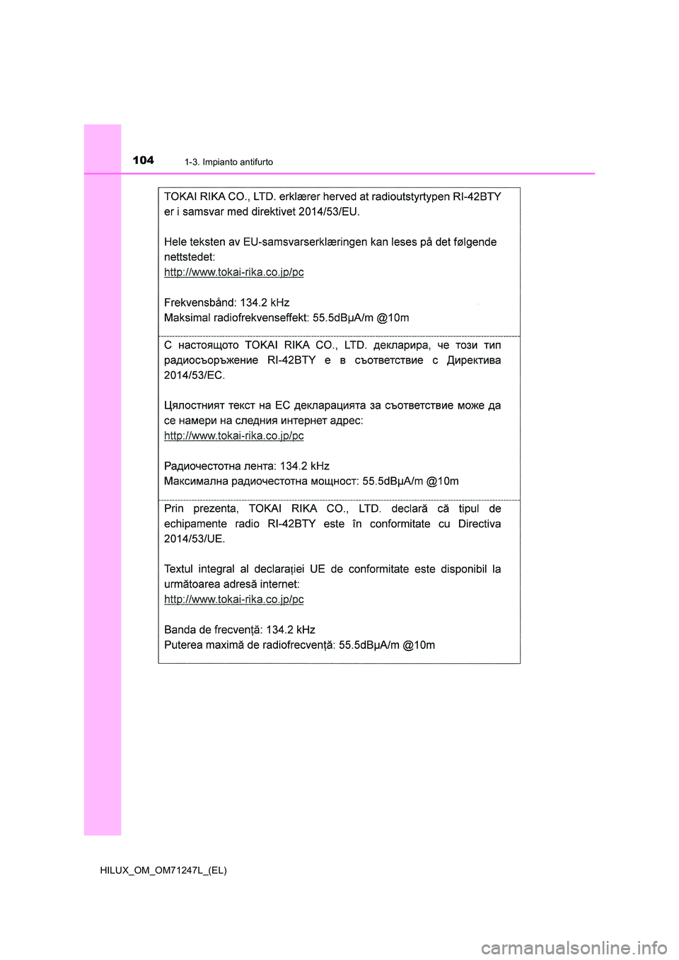 TOYOTA HILUX 2017  Manuale duso (in Italian) 1041-3. Impianto antifurto
HILUX_OM_OM71247L_(EL) 