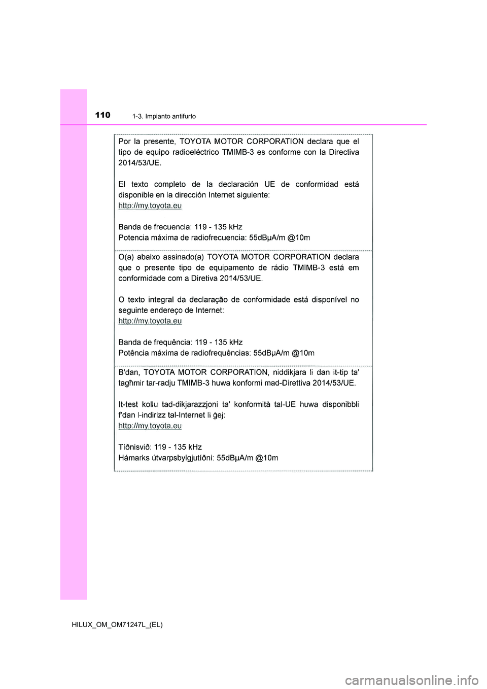 TOYOTA HILUX 2017  Manuale duso (in Italian) 1101-3. Impianto antifurto
HILUX_OM_OM71247L_(EL) 