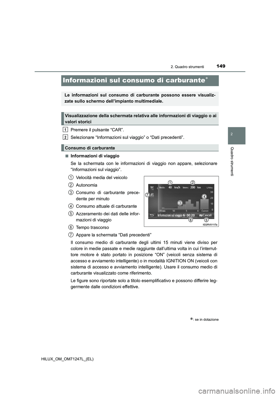 TOYOTA HILUX 2017 Manuale duso (in Italian) 149
2
2. Quadro strumenti
Quadro strumenti
HILUX_OM_OM71247L_(EL)
Informazioni sul consumo di carburante
Premere il pulsante “CAR”.
Selezionare “Informazioni sul viaggio” o “Dati preceden TOYOTA HILUX 2017 Manuale duso (in Italian) 149
2
2. Quadro strumenti
Quadro strumenti
HILUX_OM_OM71247L_(EL)
Informazioni sul consumo di carburante
Premere il pulsante “CAR”.
Selezionare “Informazioni sul viaggio” o “Dati preceden