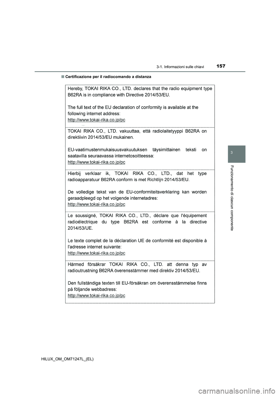 TOYOTA HILUX 2017  Manuale duso (in Italian) 1573-1. Informazioni sulle chiavi
3
Funzionamento di ciascun componente
HILUX_OM_OM71247L_(EL)■Certificazione per il radiocomando a distanza 