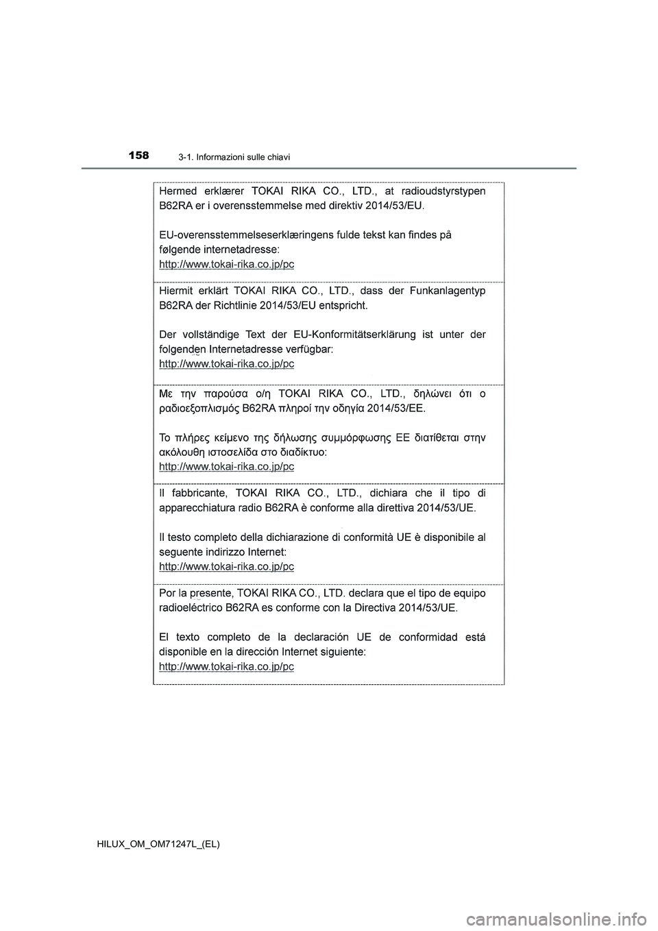 TOYOTA HILUX 2017  Manuale duso (in Italian) 1583-1. Informazioni sulle chiavi
HILUX_OM_OM71247L_(EL) 