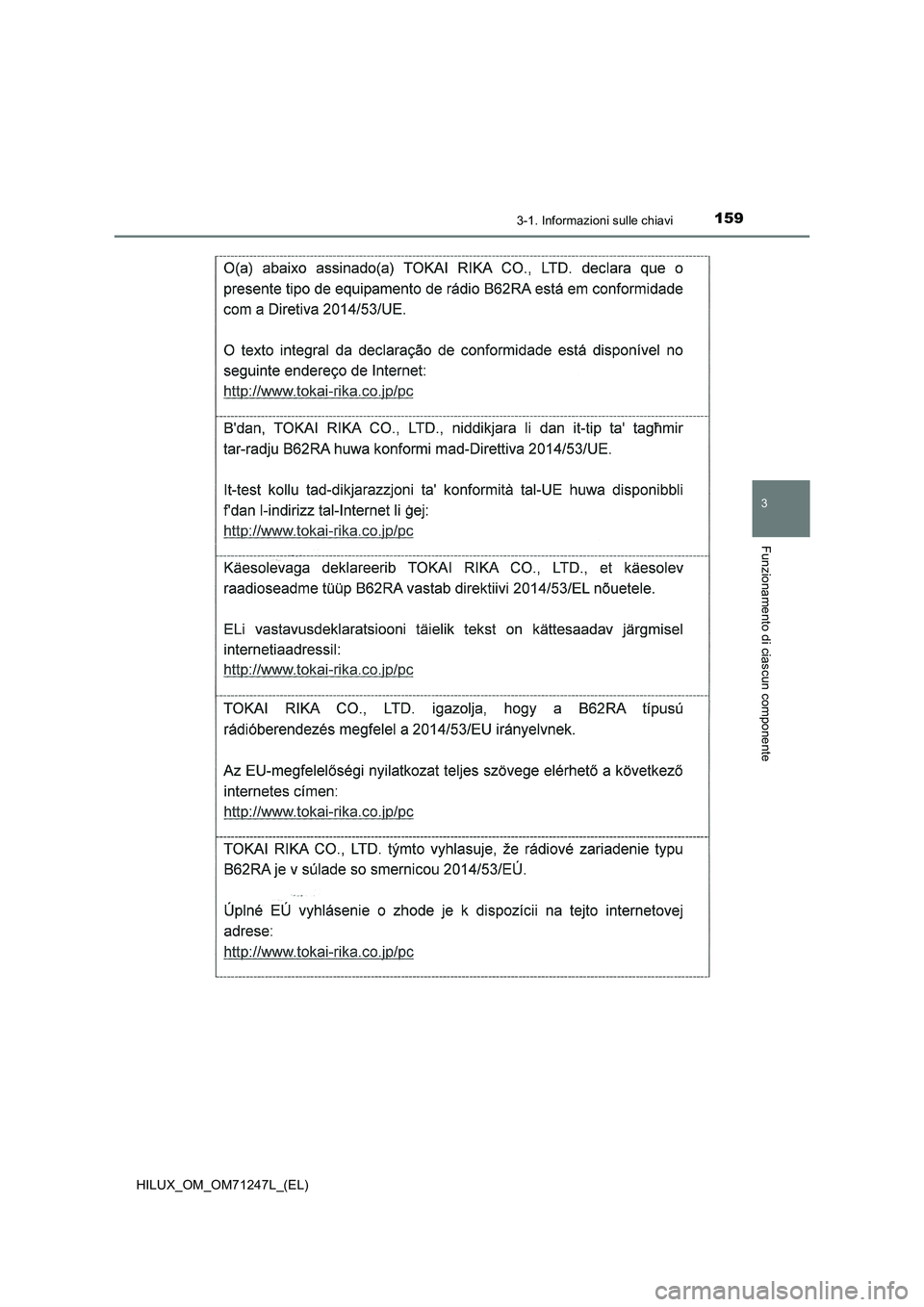 TOYOTA HILUX 2017  Manuale duso (in Italian) 1593-1. Informazioni sulle chiavi
3
Funzionamento di ciascun componente
HILUX_OM_OM71247L_(EL) 