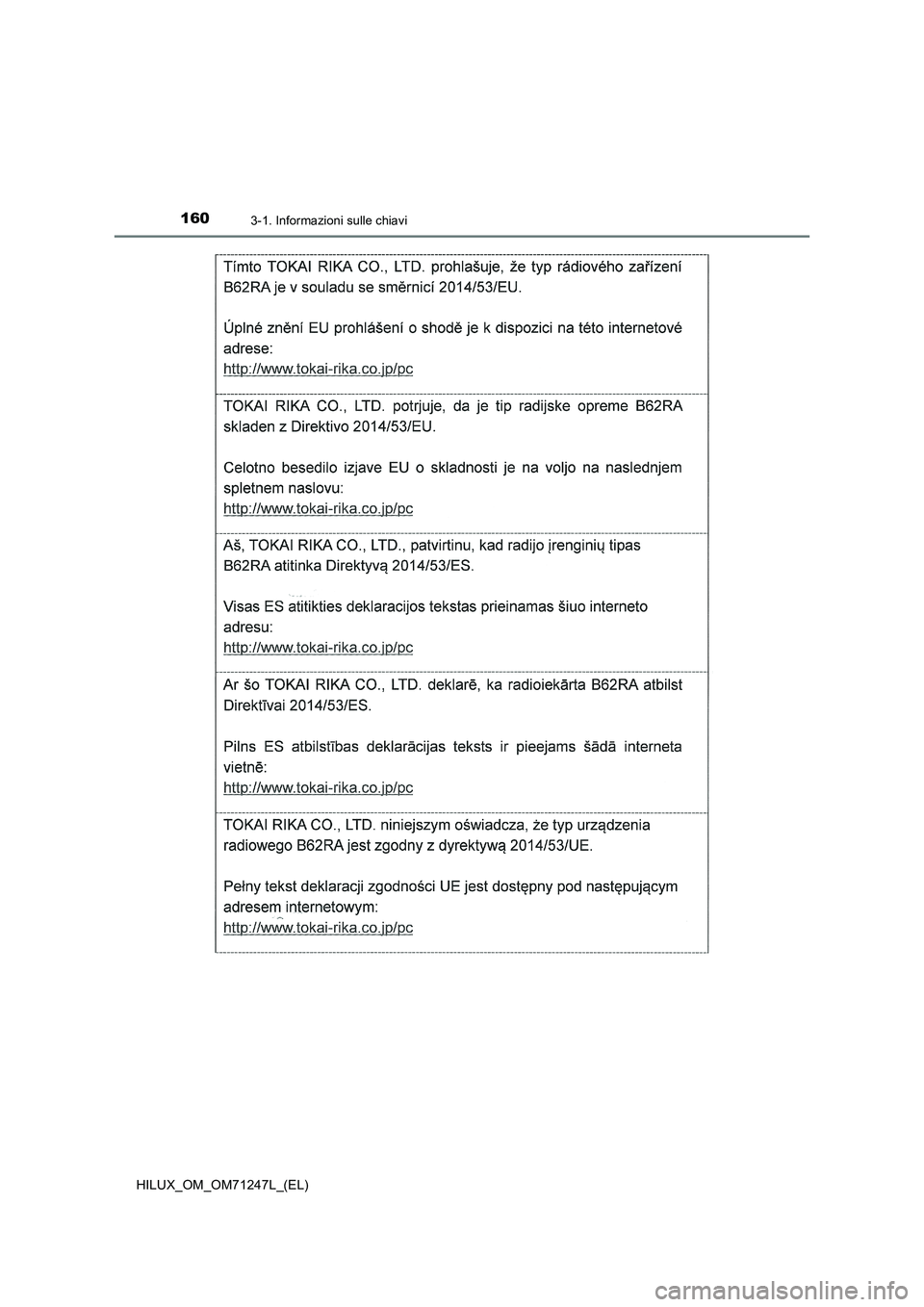 TOYOTA HILUX 2017  Manuale duso (in Italian) 1603-1. Informazioni sulle chiavi
HILUX_OM_OM71247L_(EL) 