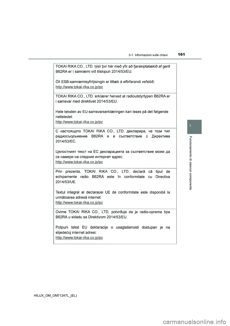TOYOTA HILUX 2017  Manuale duso (in Italian) 1613-1. Informazioni sulle chiavi
3
Funzionamento di ciascun componente
HILUX_OM_OM71247L_(EL) 