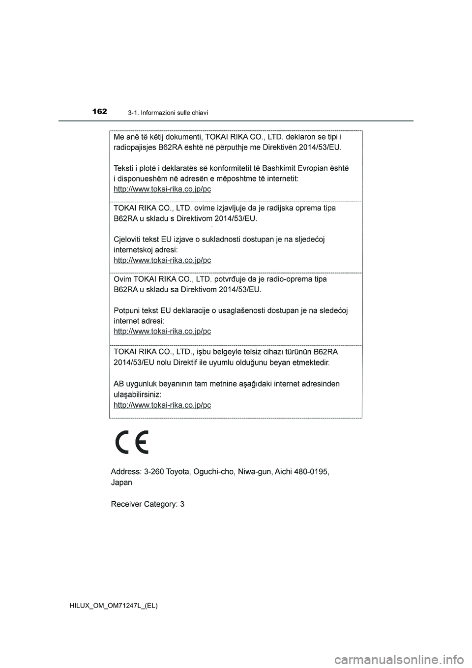 TOYOTA HILUX 2017  Manuale duso (in Italian) 1623-1. Informazioni sulle chiavi
HILUX_OM_OM71247L_(EL) 