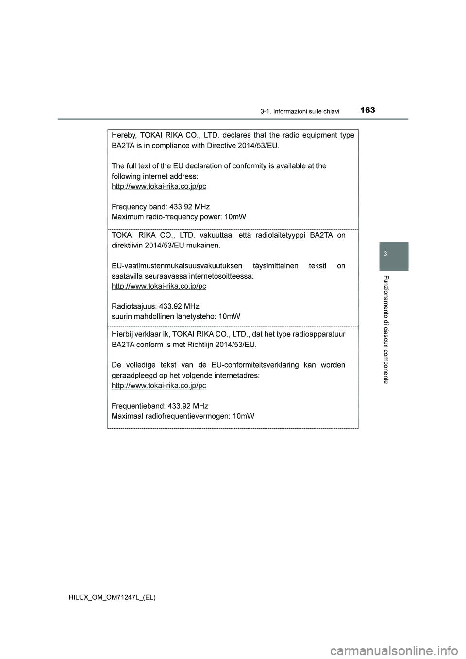TOYOTA HILUX 2017  Manuale duso (in Italian) 1633-1. Informazioni sulle chiavi
3
Funzionamento di ciascun componente
HILUX_OM_OM71247L_(EL) 