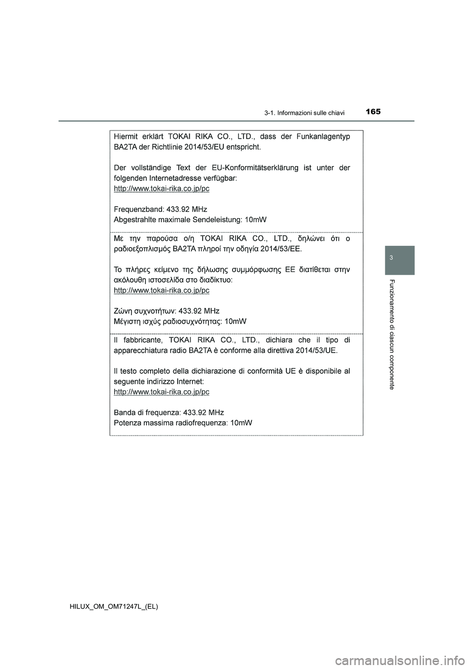 TOYOTA HILUX 2017  Manuale duso (in Italian) 1653-1. Informazioni sulle chiavi
3
Funzionamento di ciascun componente
HILUX_OM_OM71247L_(EL) 