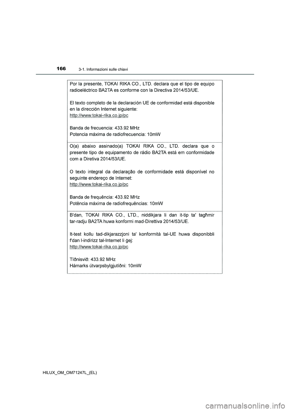 TOYOTA HILUX 2017  Manuale duso (in Italian) 1663-1. Informazioni sulle chiavi
HILUX_OM_OM71247L_(EL) 