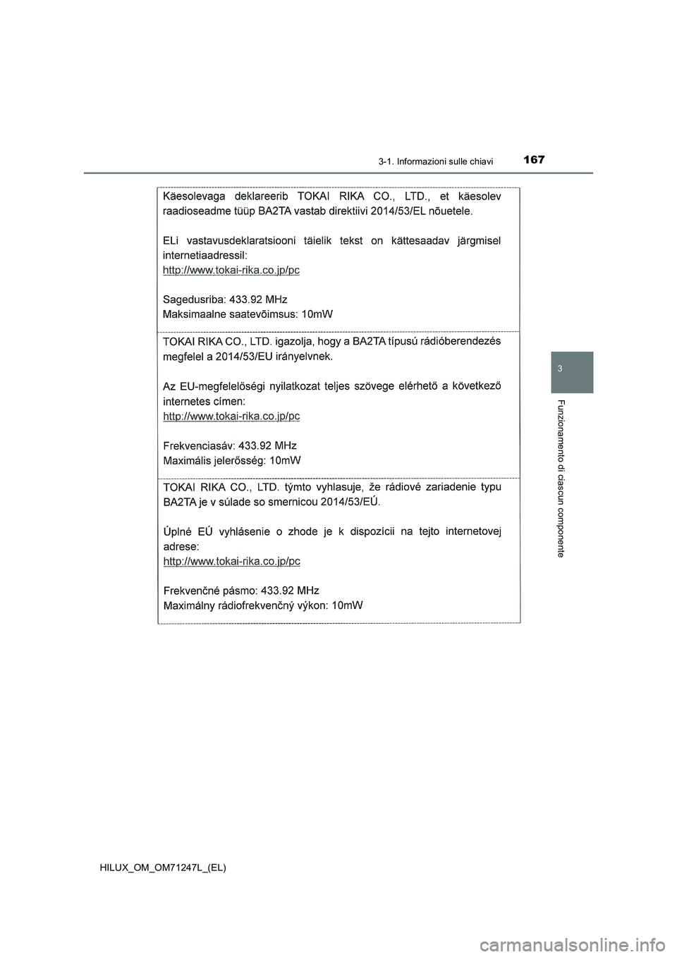 TOYOTA HILUX 2017  Manuale duso (in Italian) 1673-1. Informazioni sulle chiavi
3
Funzionamento di ciascun componente
HILUX_OM_OM71247L_(EL) 