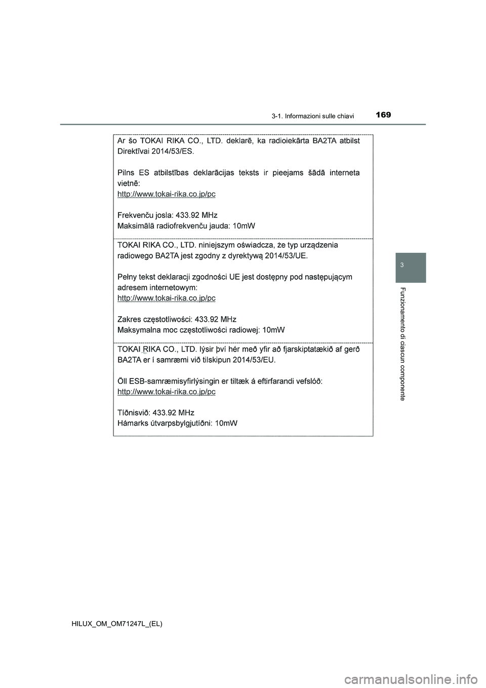 TOYOTA HILUX 2017  Manuale duso (in Italian) 1693-1. Informazioni sulle chiavi
3
Funzionamento di ciascun componente
HILUX_OM_OM71247L_(EL) 