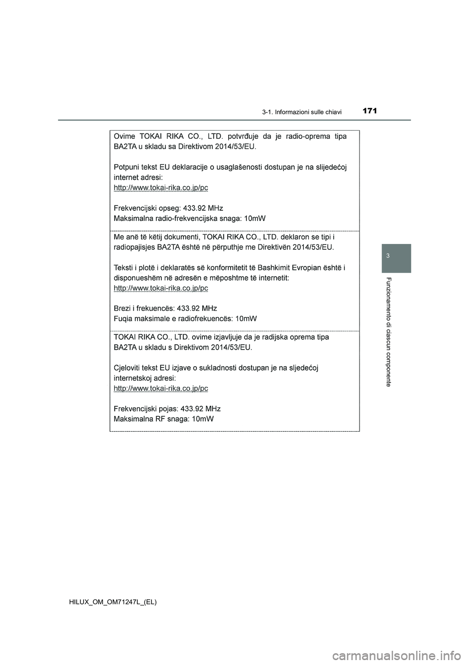 TOYOTA HILUX 2017  Manuale duso (in Italian) 1713-1. Informazioni sulle chiavi
3
Funzionamento di ciascun componente
HILUX_OM_OM71247L_(EL) 