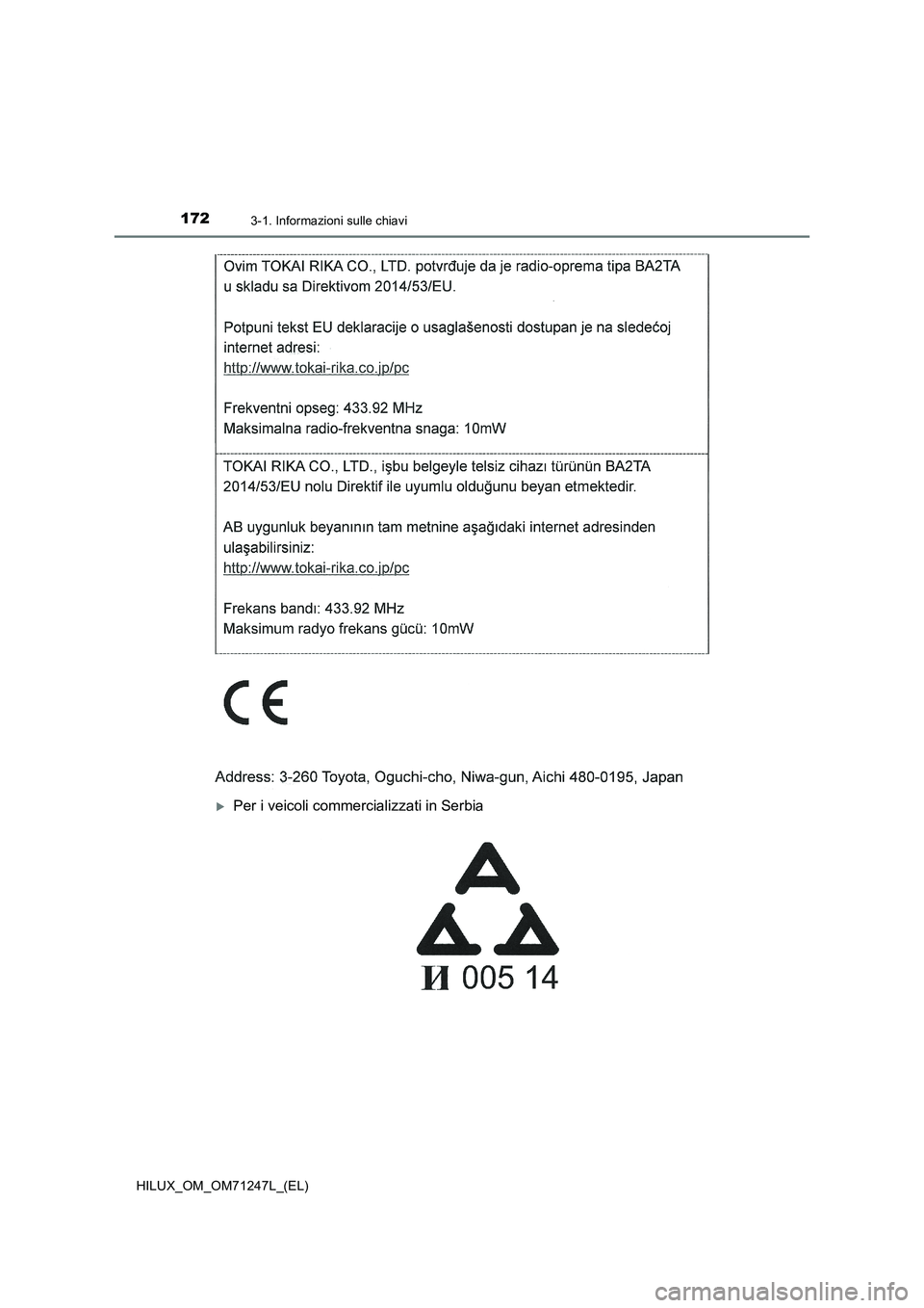 TOYOTA HILUX 2017  Manuale duso (in Italian) 1723-1. Informazioni sulle chiavi
HILUX_OM_OM71247L_(EL)
Per i veicoli commercializzati in Serbia 