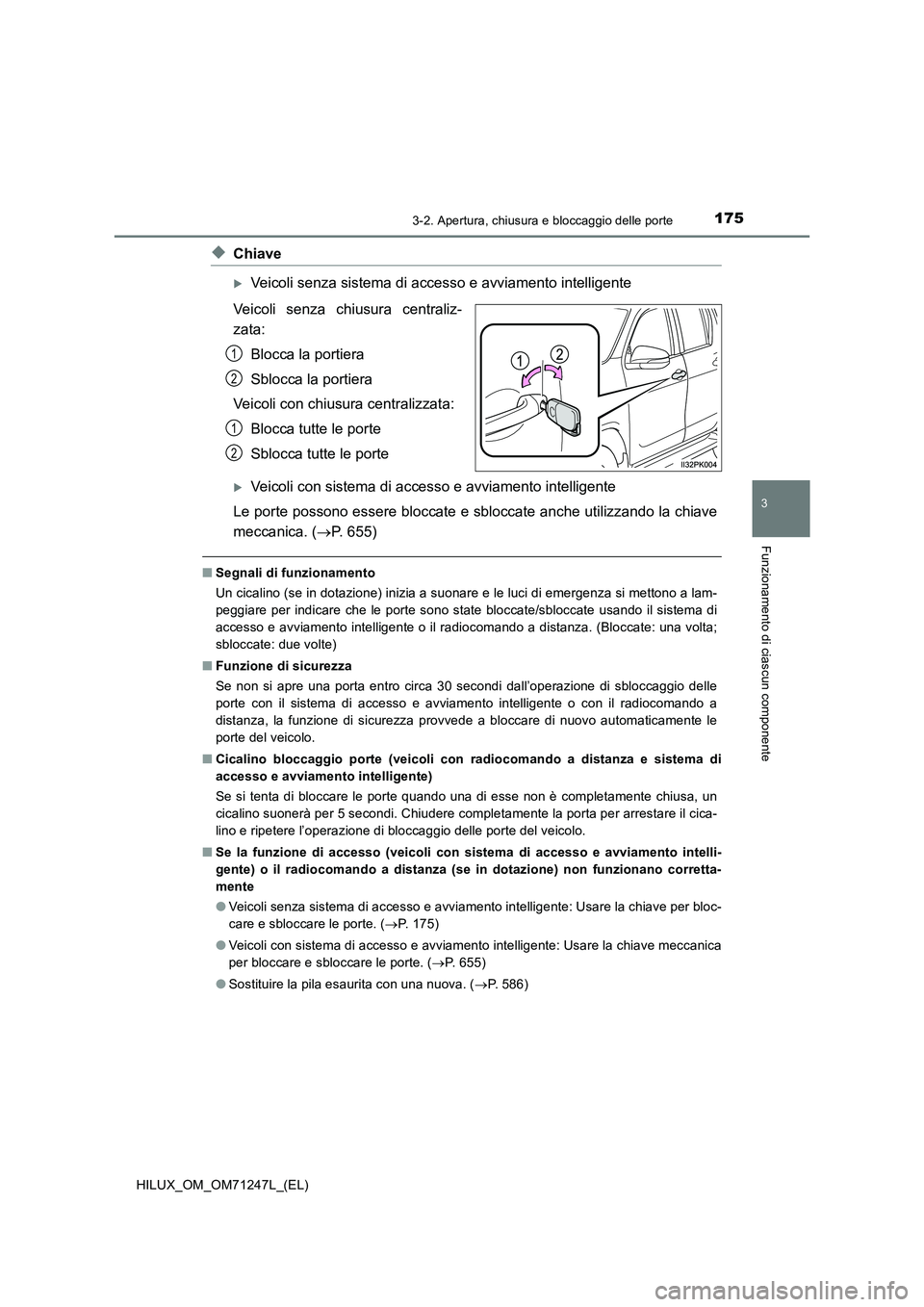 TOYOTA HILUX 2017 Manuale duso (in Italian) 1753-2. Apertura, chiusura e bloccaggio delle porte
3
Funzionamento di ciascun componente
HILUX_OM_OM71247L_(EL)
◆Chiave
Veicoli senza sistema di accesso e avviamento intelligente
Veicoli senza c TOYOTA HILUX 2017 Manuale duso (in Italian) 1753-2. Apertura, chiusura e bloccaggio delle porte
3
Funzionamento di ciascun componente
HILUX_OM_OM71247L_(EL)
◆Chiave
Veicoli senza sistema di accesso e avviamento intelligente
Veicoli senza c