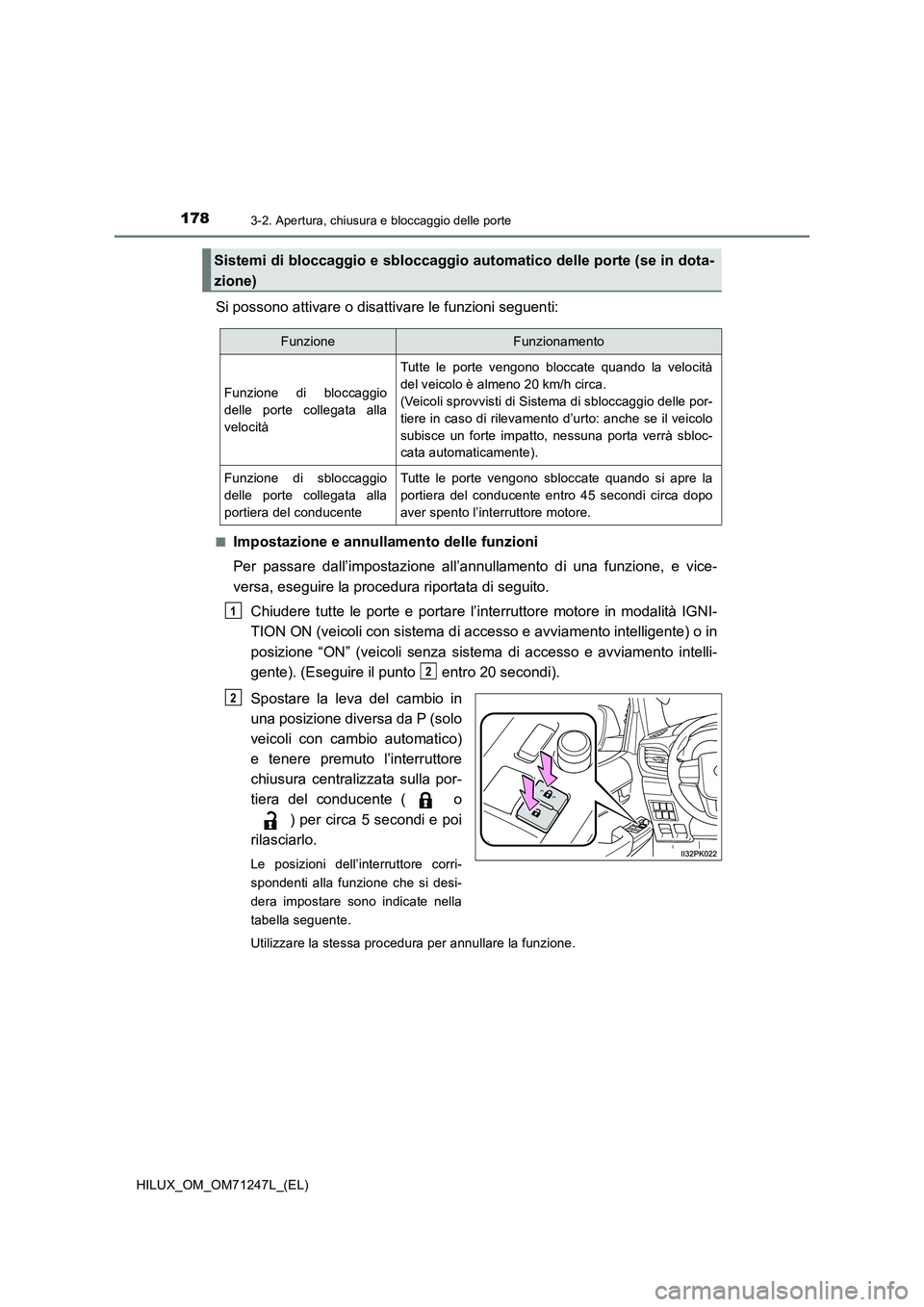 TOYOTA HILUX 2017 Manuale duso (in Italian) 1783-2. Apertura, chiusura e bloccaggio delle porte
HILUX_OM_OM71247L_(EL)
Si possono attivare o disattivare le funzioni seguenti:
■Impostazione e annullamento delle funzioni
Per passare dall’impo TOYOTA HILUX 2017 Manuale duso (in Italian) 1783-2. Apertura, chiusura e bloccaggio delle porte
HILUX_OM_OM71247L_(EL)
Si possono attivare o disattivare le funzioni seguenti:
■Impostazione e annullamento delle funzioni
Per passare dall’impo