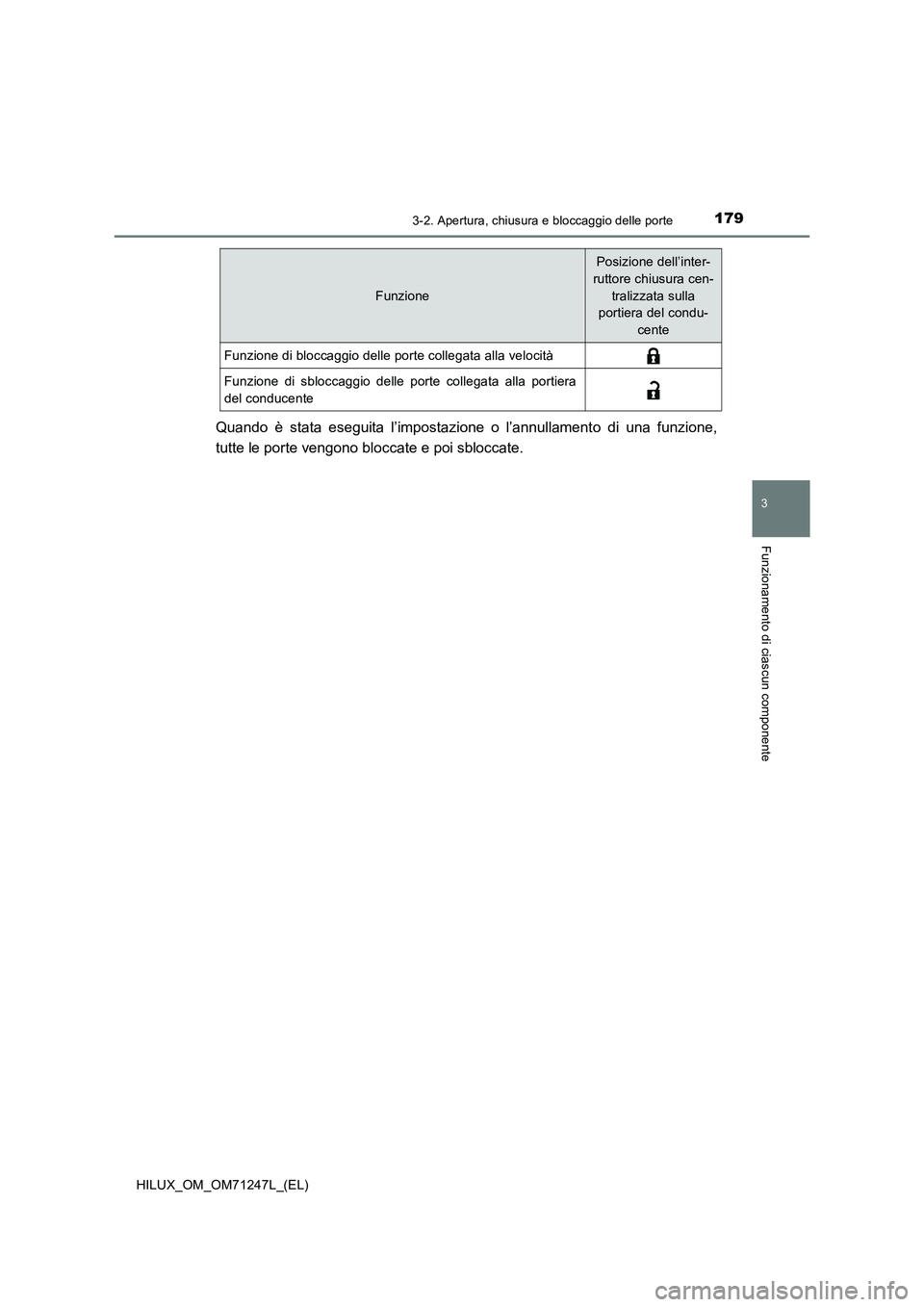 TOYOTA HILUX 2017  Manuale duso (in Italian) 1793-2. Apertura, chiusura e bloccaggio delle porte
3
Funzionamento di ciascun componente
HILUX_OM_OM71247L_(EL)
Quando è stata eseguita l’impostazione o l’annullamento di una funzione,
tutte le 