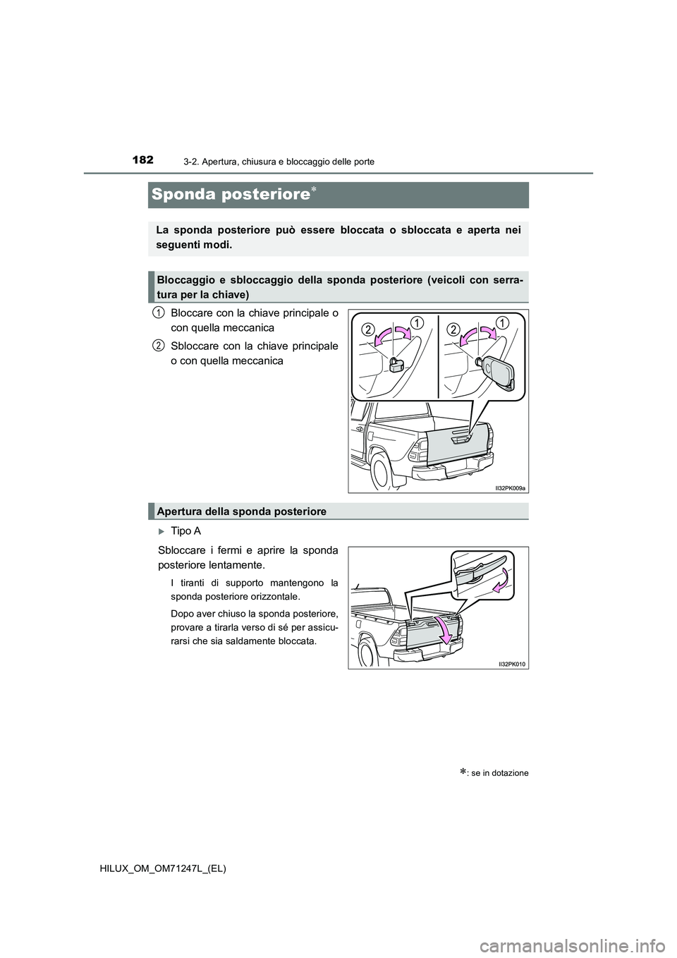 TOYOTA HILUX 2017  Manuale duso (in Italian) 1823-2. Apertura, chiusura e bloccaggio delle porte
HILUX_OM_OM71247L_(EL)
Sponda posteriore
Bloccare con la chiave principale o
con quella meccanica
Sbloccare con la chiave principale
o con quella