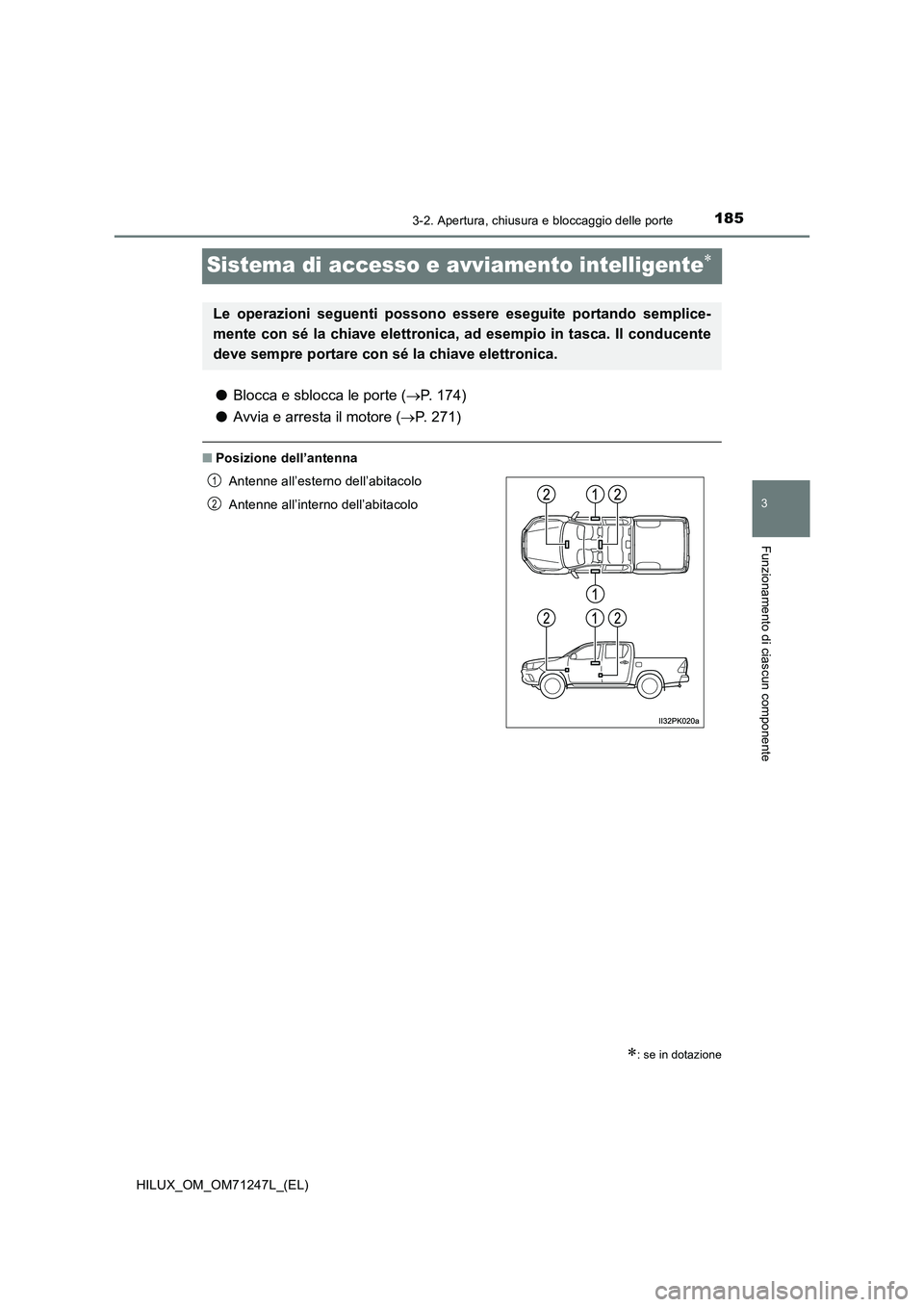 TOYOTA HILUX 2017  Manuale duso (in Italian) 185
3
3-2. Apertura, chiusura e bloccaggio delle porte
Funzionamento di ciascun componente
HILUX_OM_OM71247L_(EL)
Sistema di accesso e avviamento intelligente
●Blocca e sblocca le porte (P. 17