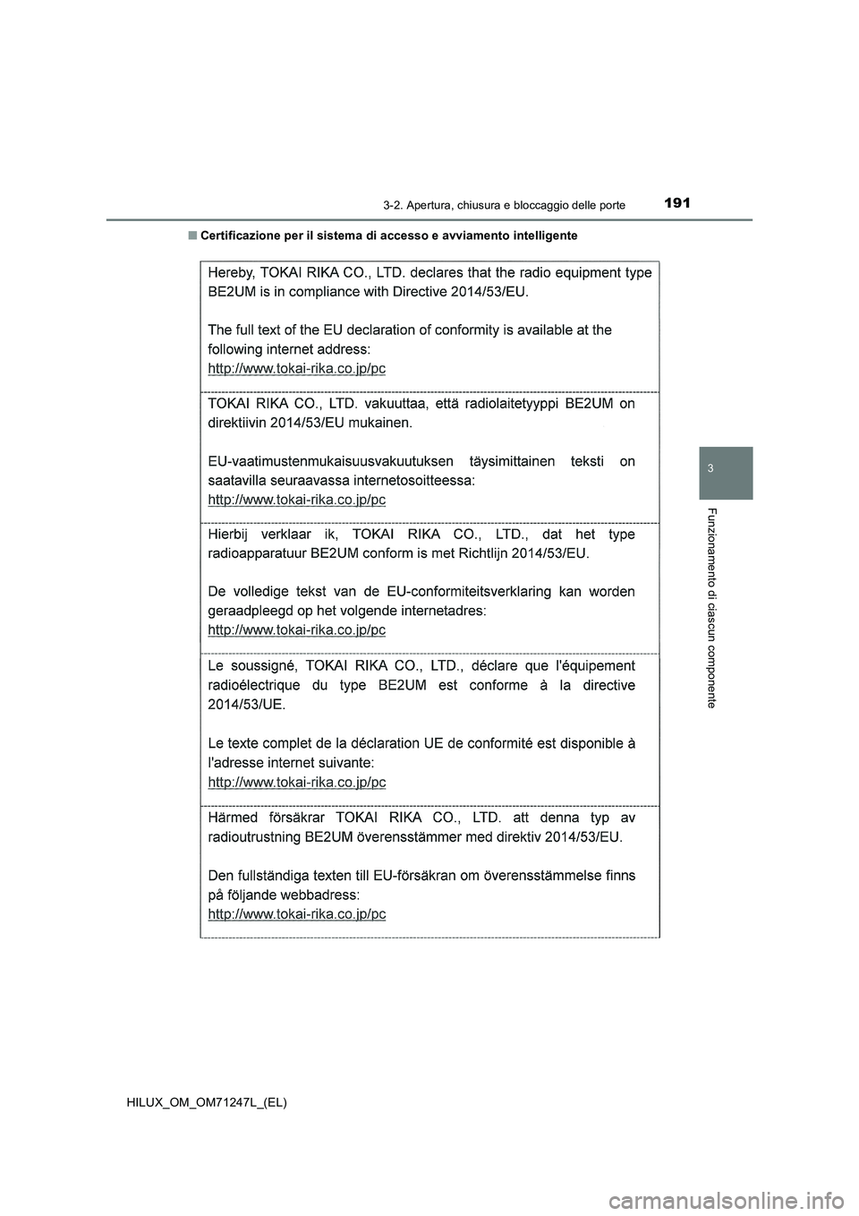 TOYOTA HILUX 2017  Manuale duso (in Italian) 1913-2. Apertura, chiusura e bloccaggio delle porte
3
Funzionamento di ciascun componente
HILUX_OM_OM71247L_(EL)■Certificazione per il sistema di accesso e avviamento intelligente 