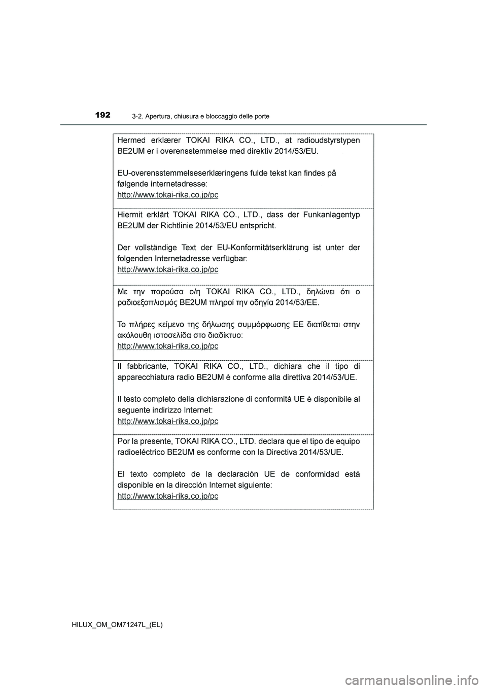 TOYOTA HILUX 2017  Manuale duso (in Italian) 1923-2. Apertura, chiusura e bloccaggio delle porte
HILUX_OM_OM71247L_(EL) 
