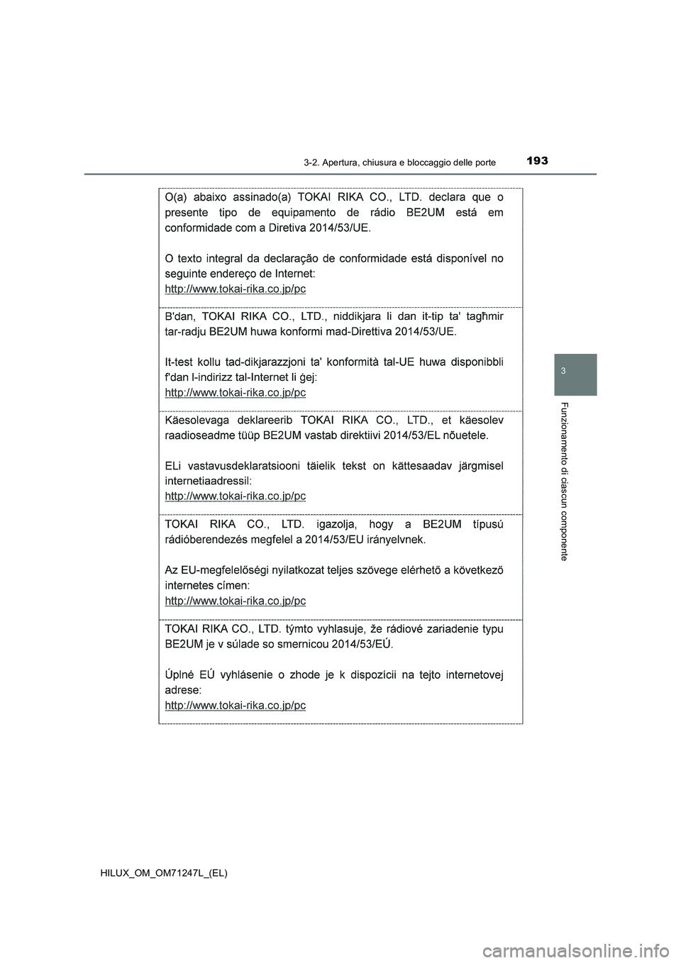 TOYOTA HILUX 2017  Manuale duso (in Italian) 1933-2. Apertura, chiusura e bloccaggio delle porte
3
Funzionamento di ciascun componente
HILUX_OM_OM71247L_(EL) 