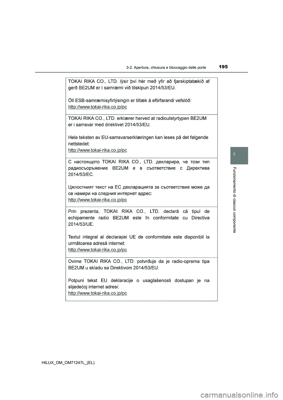 TOYOTA HILUX 2017  Manuale duso (in Italian) 1953-2. Apertura, chiusura e bloccaggio delle porte
3
Funzionamento di ciascun componente
HILUX_OM_OM71247L_(EL) 