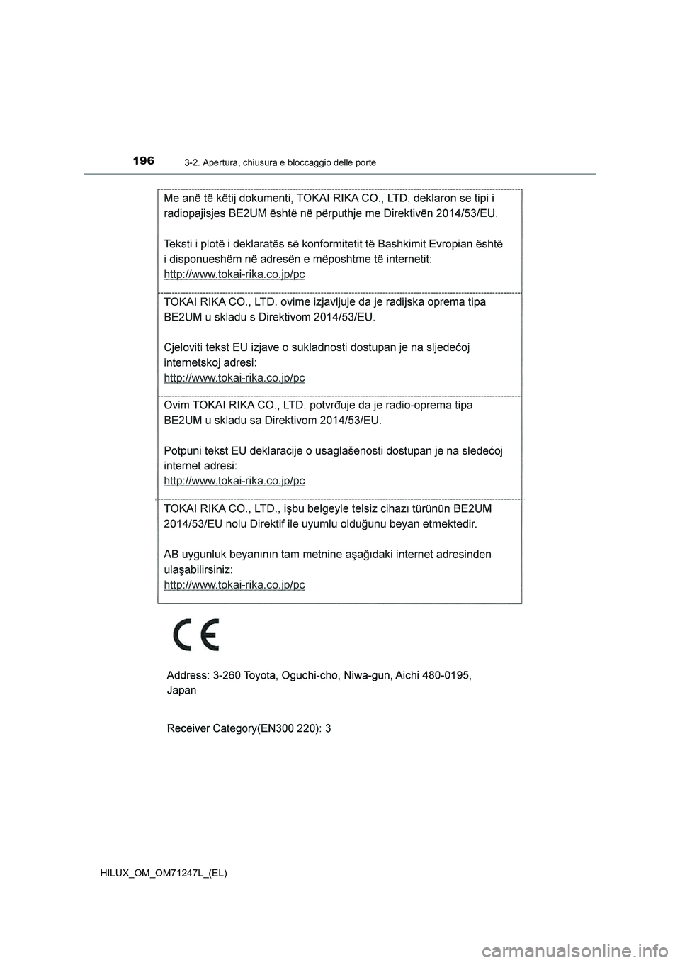 TOYOTA HILUX 2017  Manuale duso (in Italian) 1963-2. Apertura, chiusura e bloccaggio delle porte
HILUX_OM_OM71247L_(EL) 