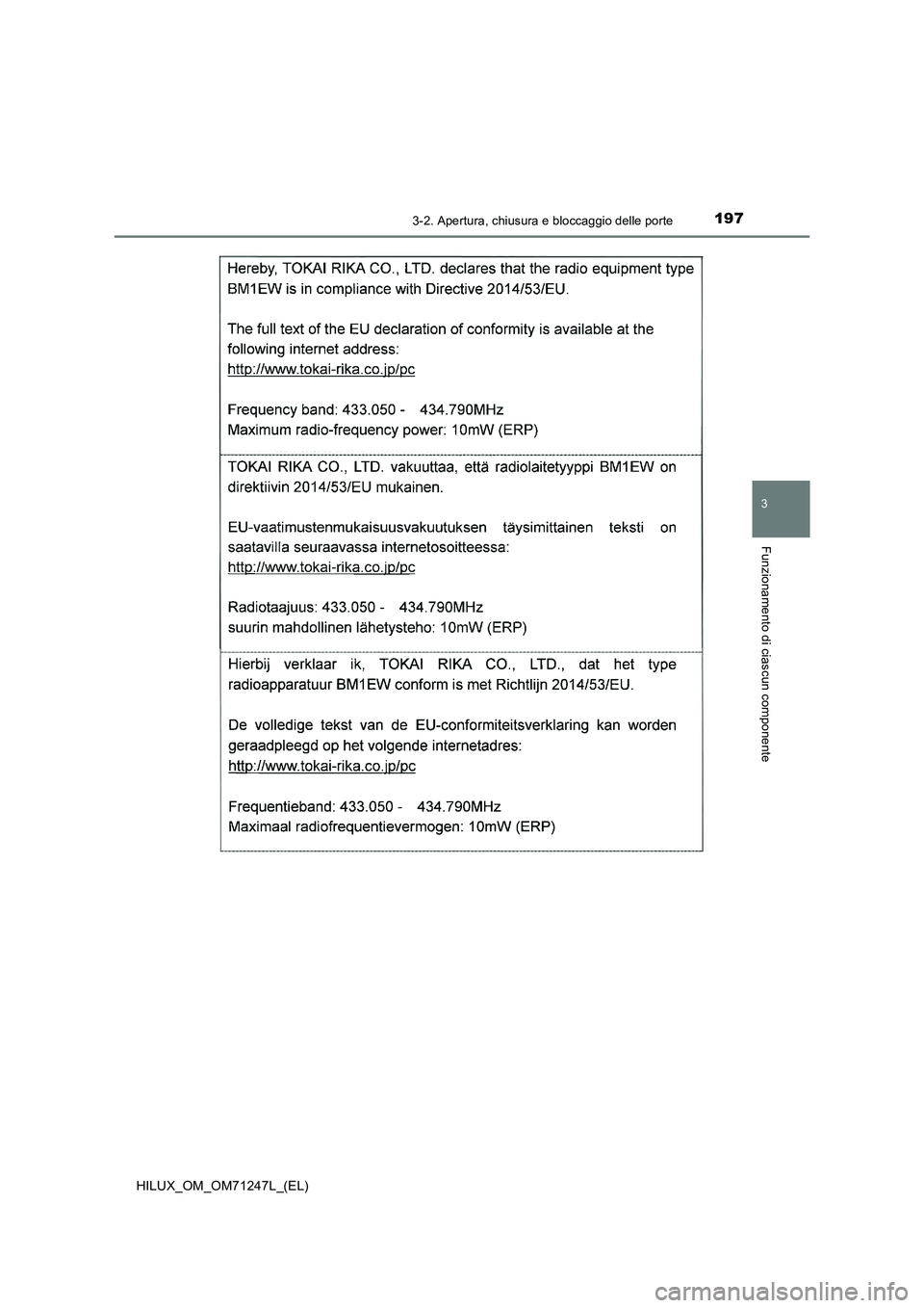 TOYOTA HILUX 2017  Manuale duso (in Italian) 1973-2. Apertura, chiusura e bloccaggio delle porte
3
Funzionamento di ciascun componente
HILUX_OM_OM71247L_(EL) 