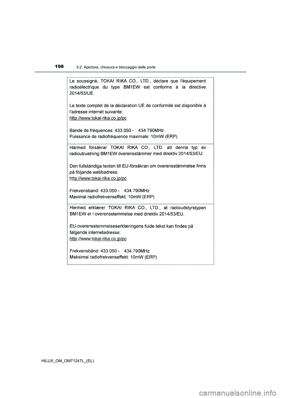 TOYOTA HILUX 2017  Manuale duso (in Italian) 1983-2. Apertura, chiusura e bloccaggio delle porte
HILUX_OM_OM71247L_(EL) 